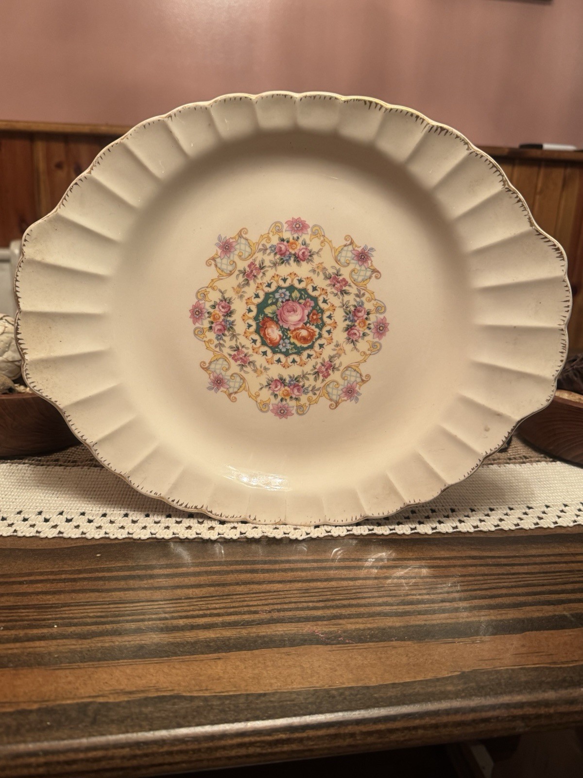 Melody Vanity Fair Oval Floral Platter, Beige/Multicolor Glossy Ceramic