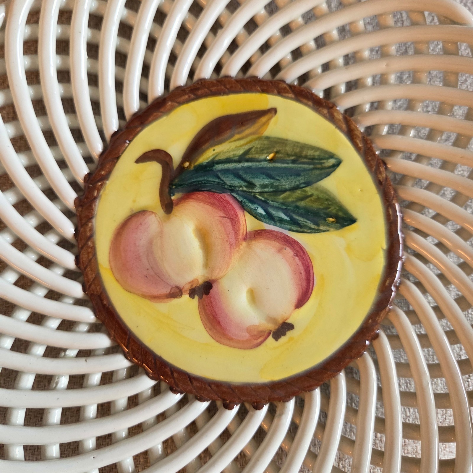 Set of 2 Vintage Ceramic Fruit Lattice Painted Wall Plates Spanish Art 3D