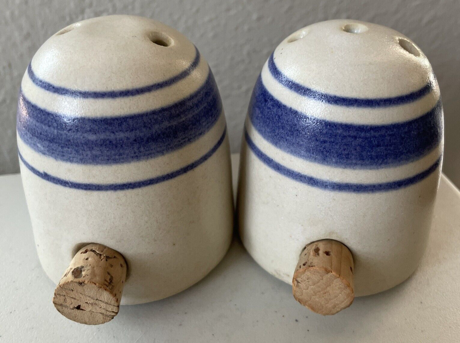 Handmade Pottery Salt & Pepper Dome Shakers Blue Beige Signed Corked Cottagecore