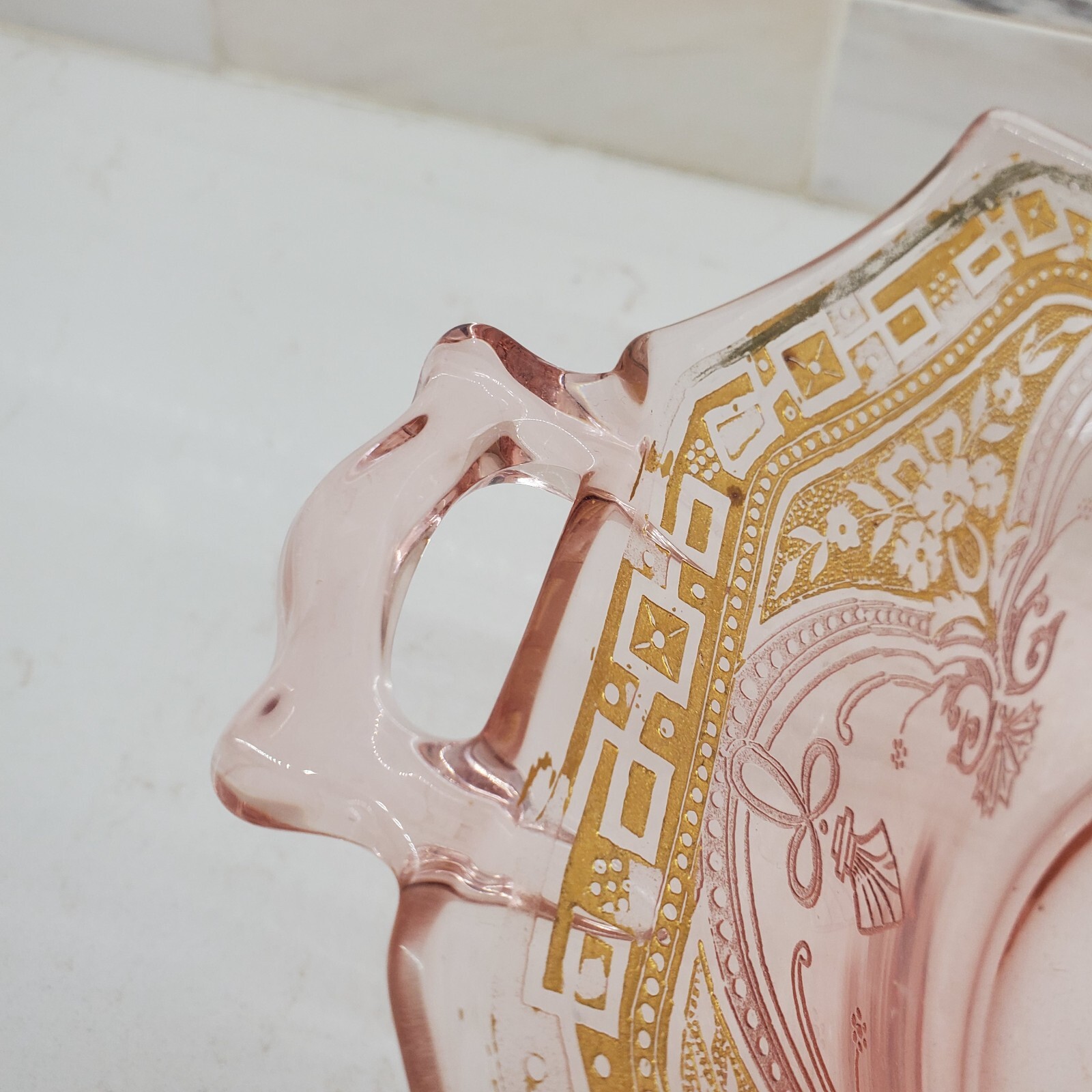 Elegant Pink Depression or Elegant Glass Hexagon Handled Etched Gilded Bowl