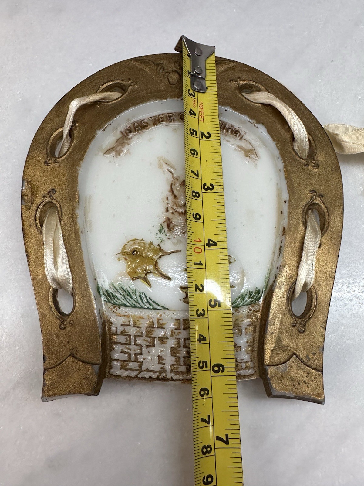 P.L. Co. Antique Pressed Milk Glass Easter Horseshoe Hanging Plaque Bunny Chick