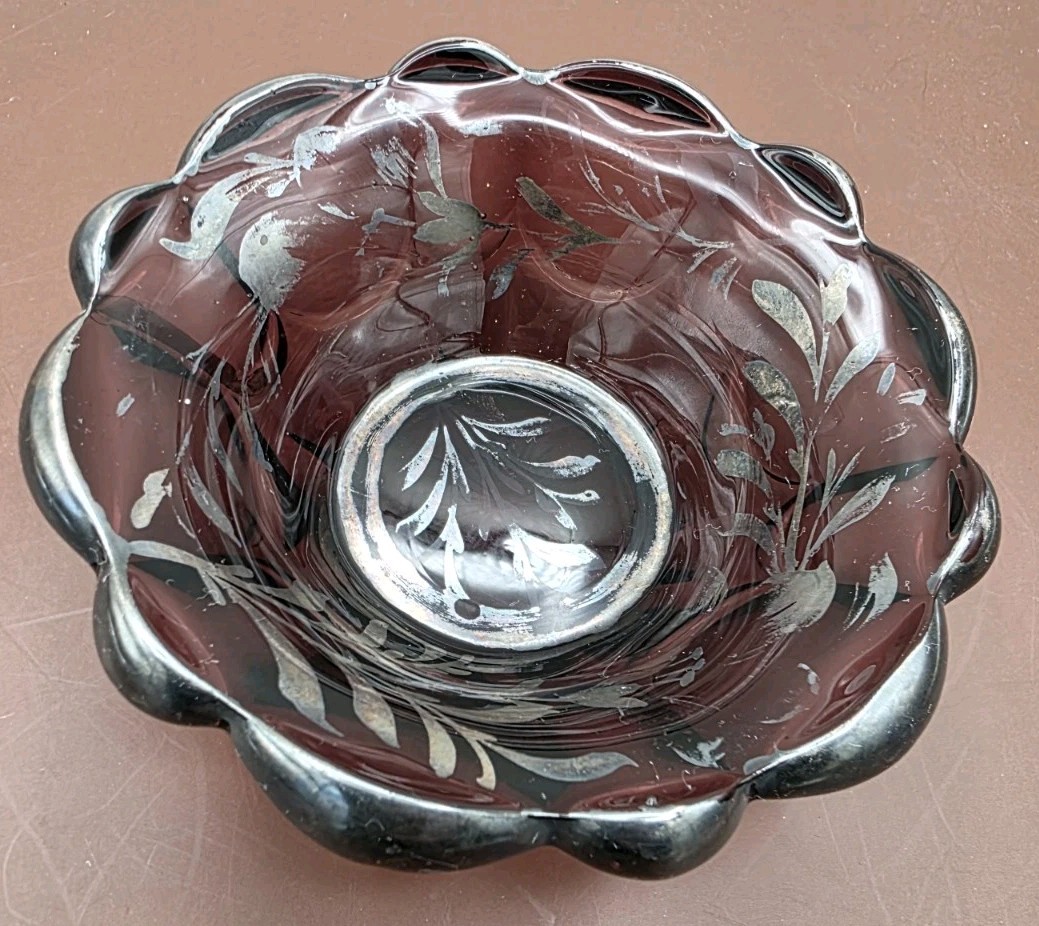Vintage 1930’S Imperial Glass Amethyst Purple Bowl W/ Silver Overlay 5 In…