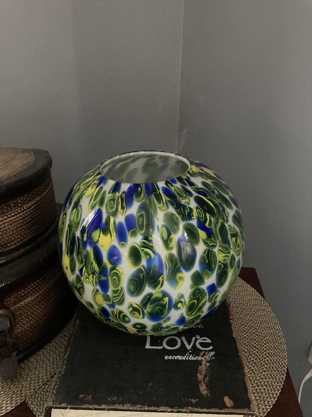 Round Ball Vase Cobalt Blue Yellow Green & White Glass.