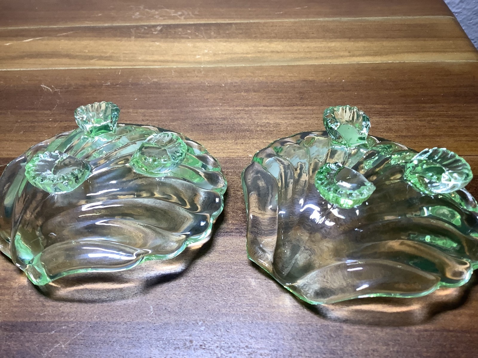 Vintage Uranium Green Glass Shell Footed Trinket Tray Salt Cellar Set of 2