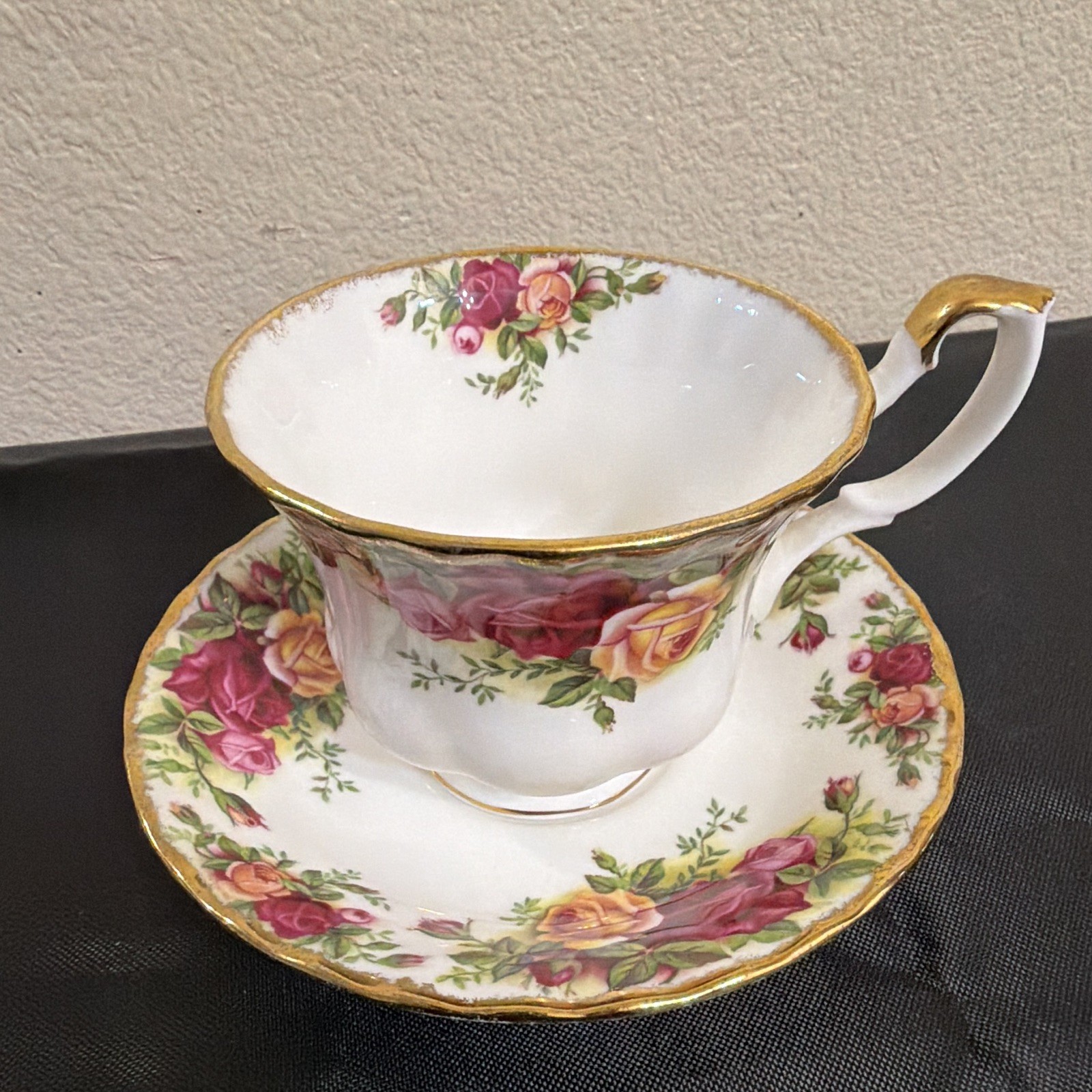 Floral Rose Tea Cup & Saucer Set, White Pink Green, Gold Trim, Ceramic