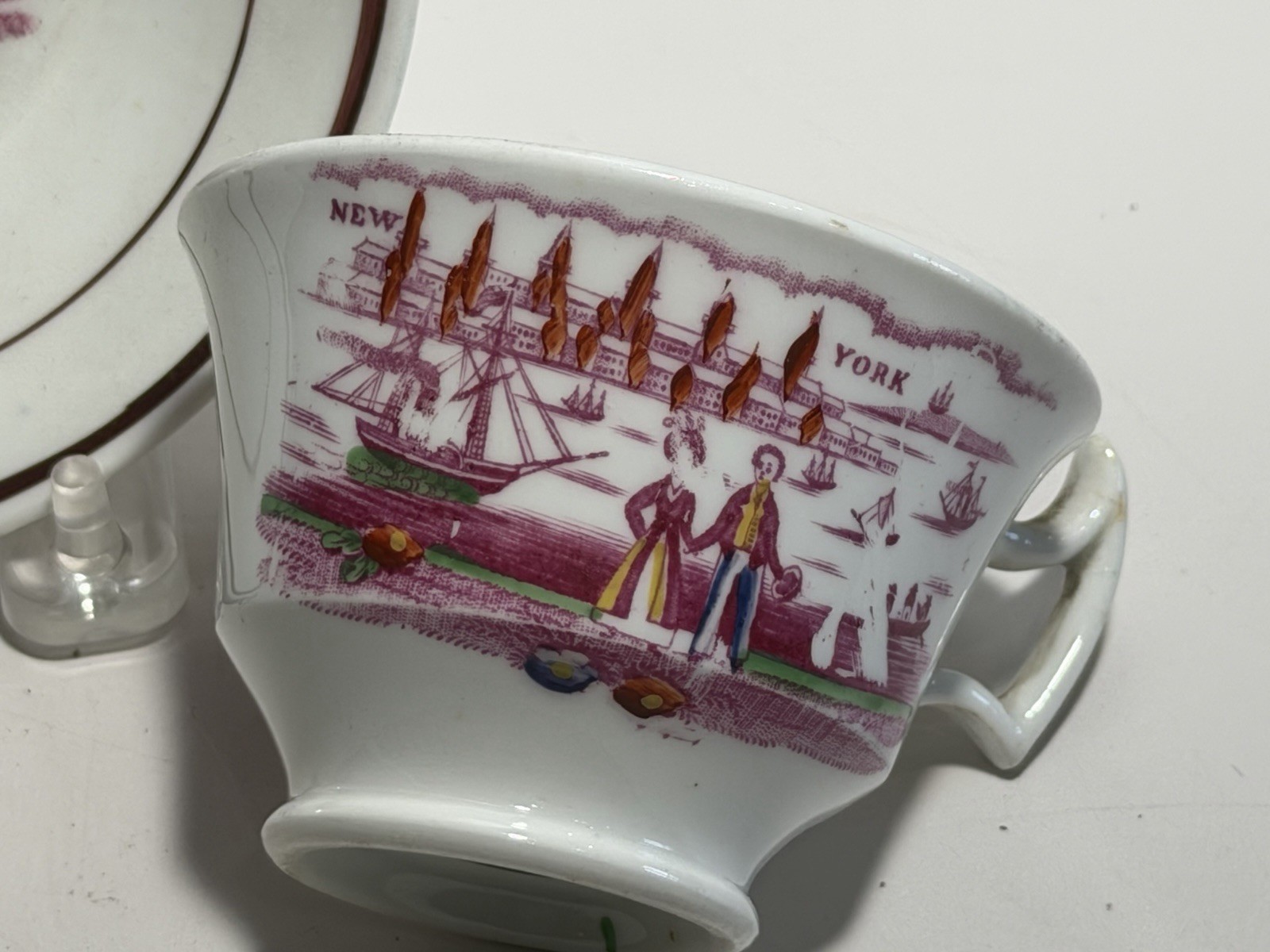 Historical Staffordshire Porcelain Cup and Saucer With View Of New York Ca. 1840