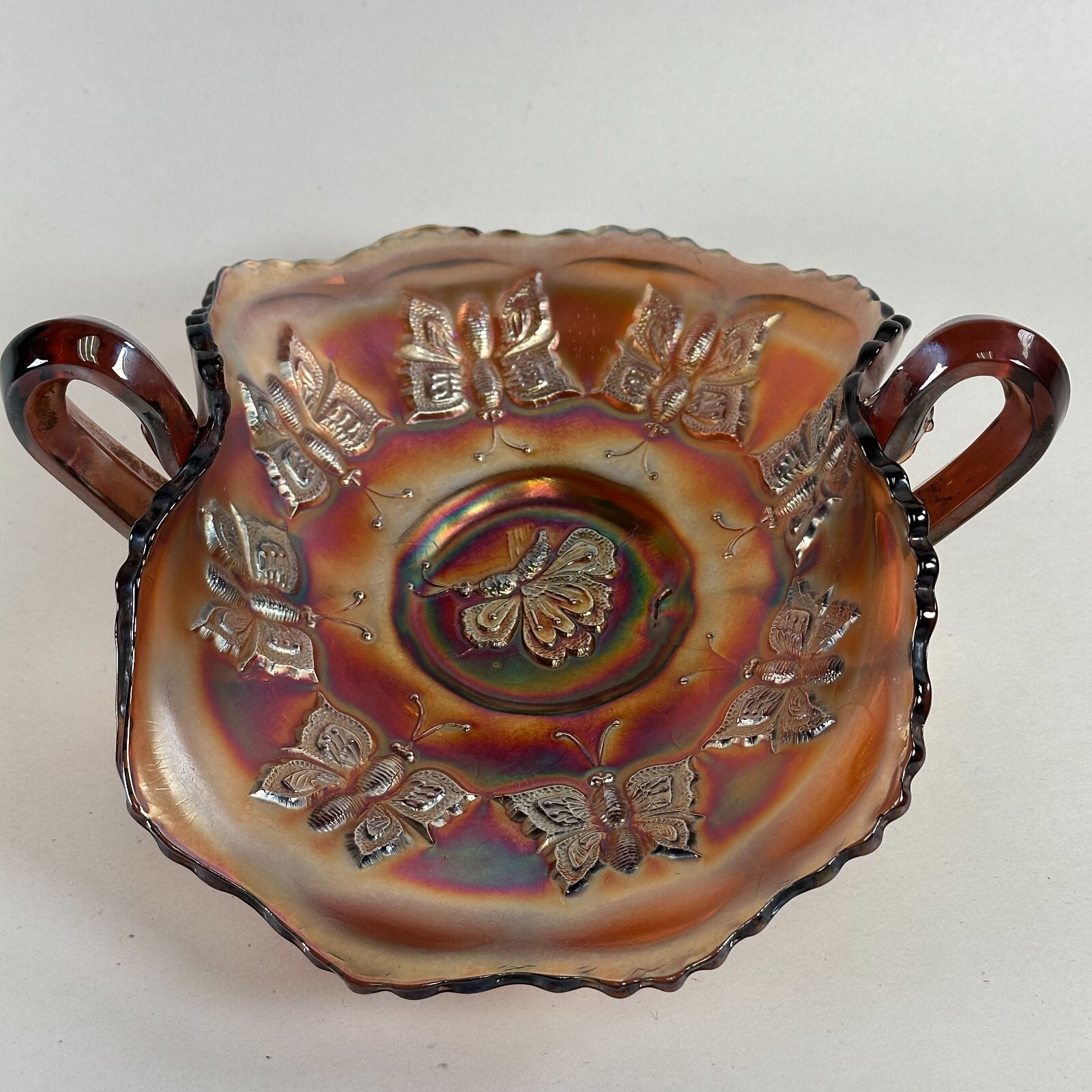 Fenton Art Glass Amethyst Carnival Butterfly Bon-Bon Dish w/ Handles – Vintage