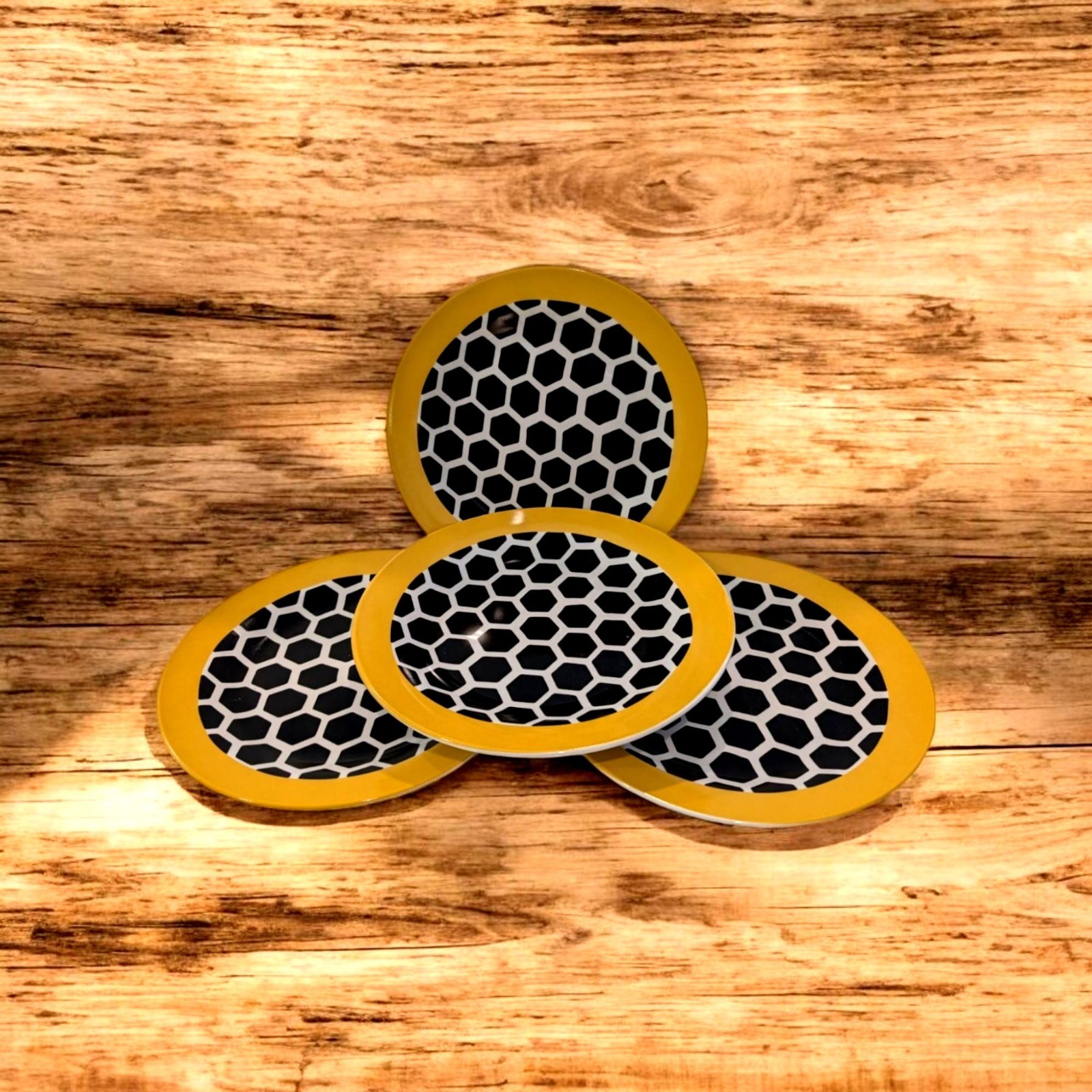 Bee-Themed Hexagon Pattern Side Plates Set Of 4 With Yellow Rim