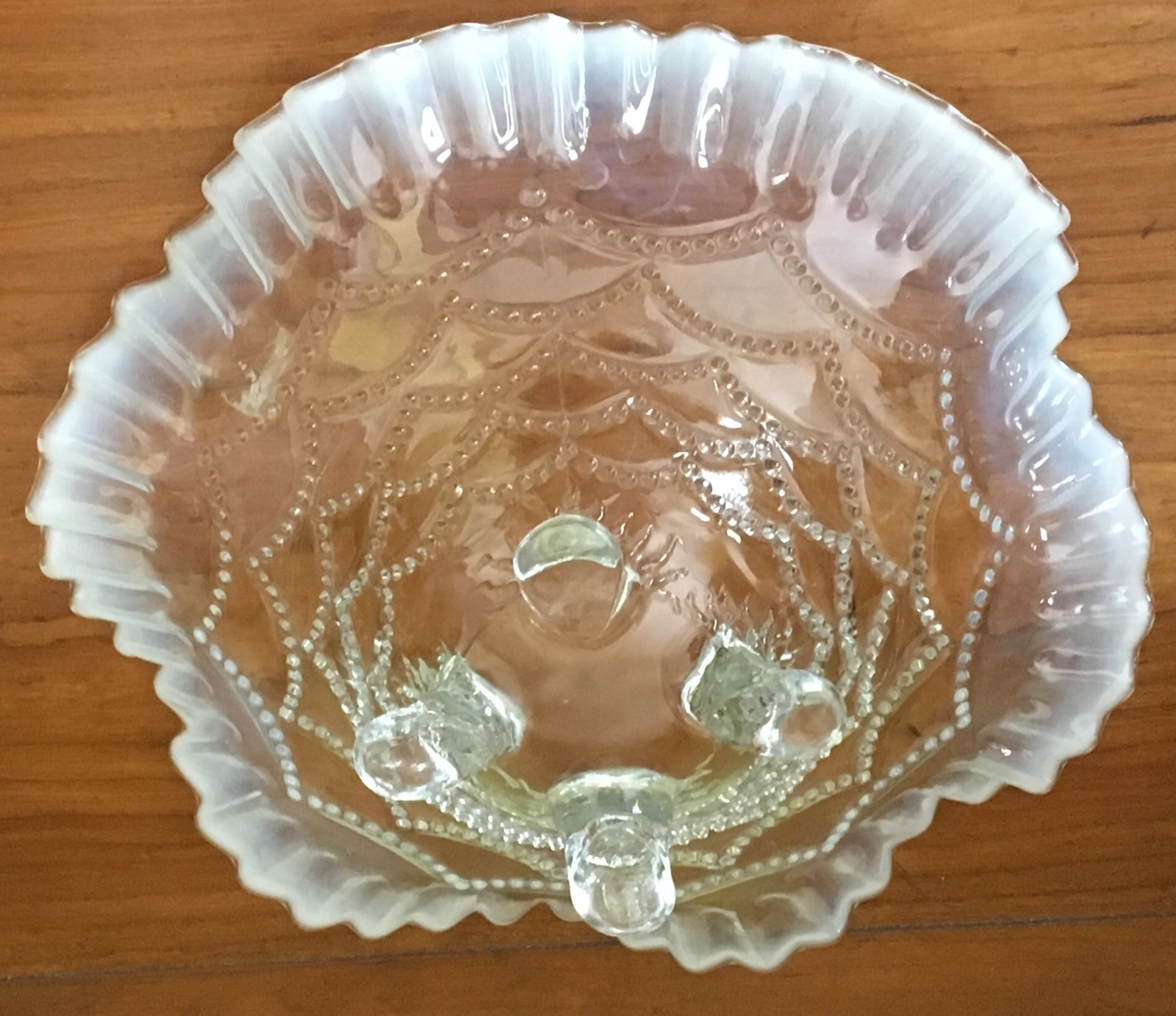 NORTHWOOD Opalescent Glass BEADED DRAPES Footed Bowl FISH SCALE 1905