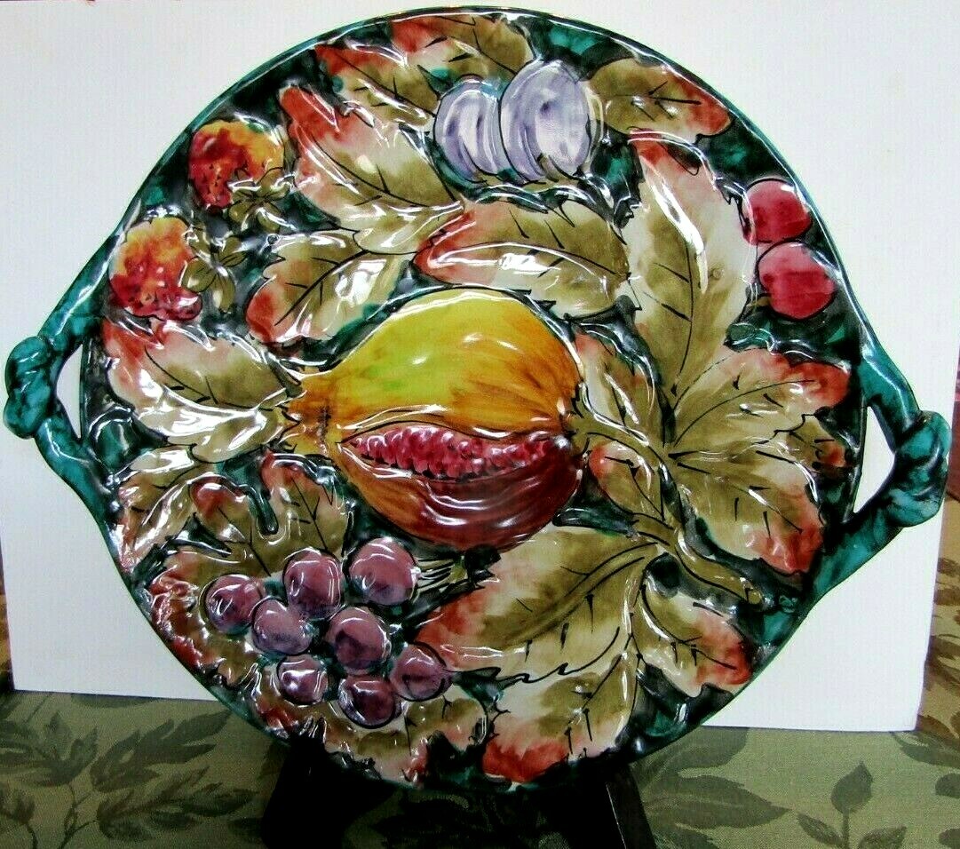 Vintage embossed plate with handles painted with Fruit and Leaves Made in Italy