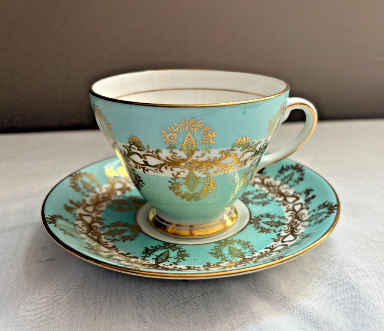 Vintage Royal Grafton Turquoise Gold Fine Bone China Teacup & Saucer England