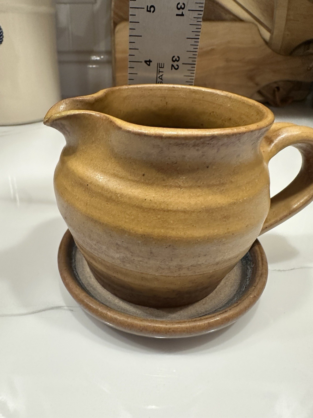 Vintage 60’s Pottery Handmade Small Brown Pitcher/Creamer with Saucer Signed MCM