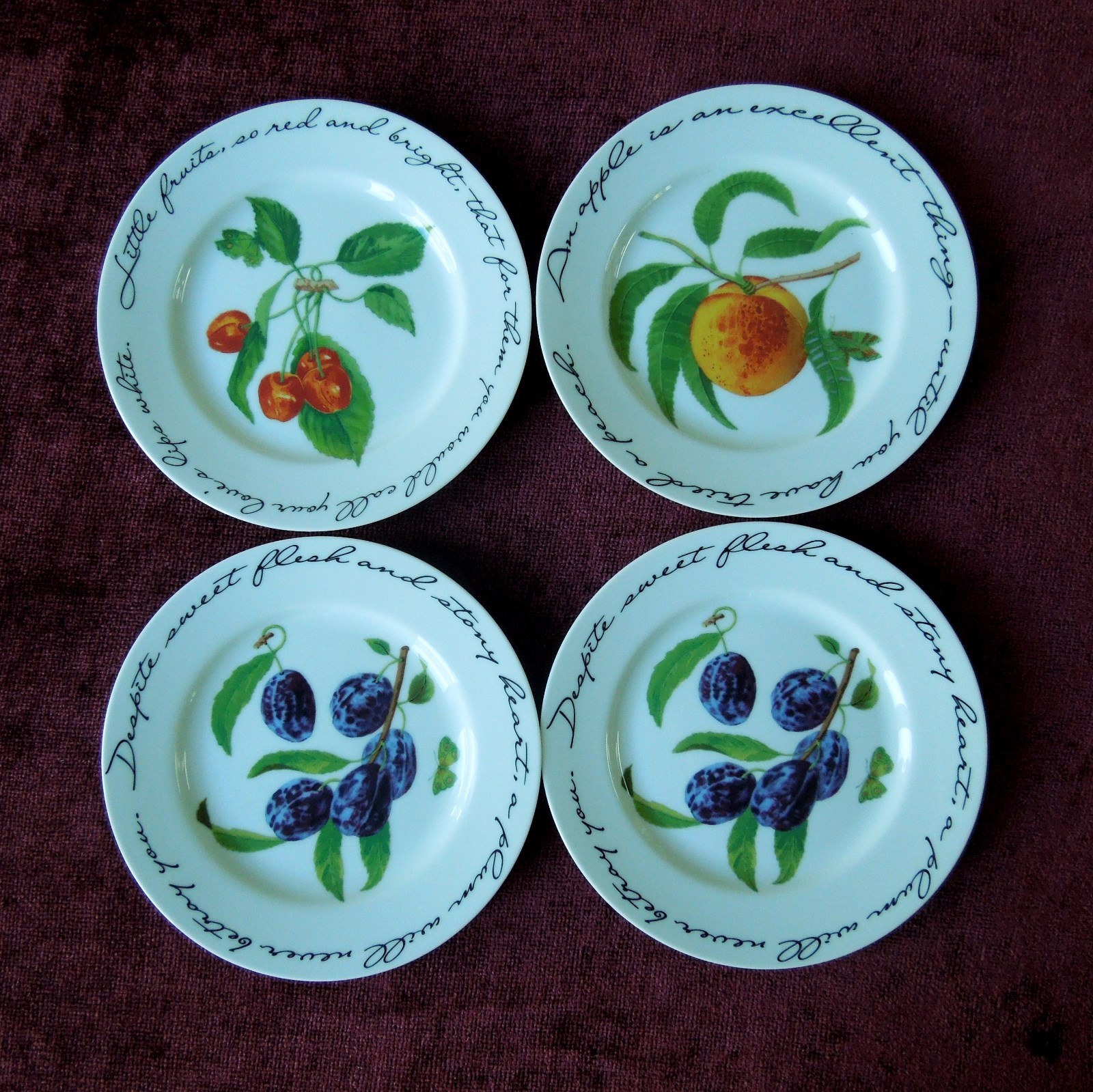 4 WILLIAMS SONOMA ORCHARD SUITE SALAD PLATES PEACH PLUM CHERRIES JAPAN
