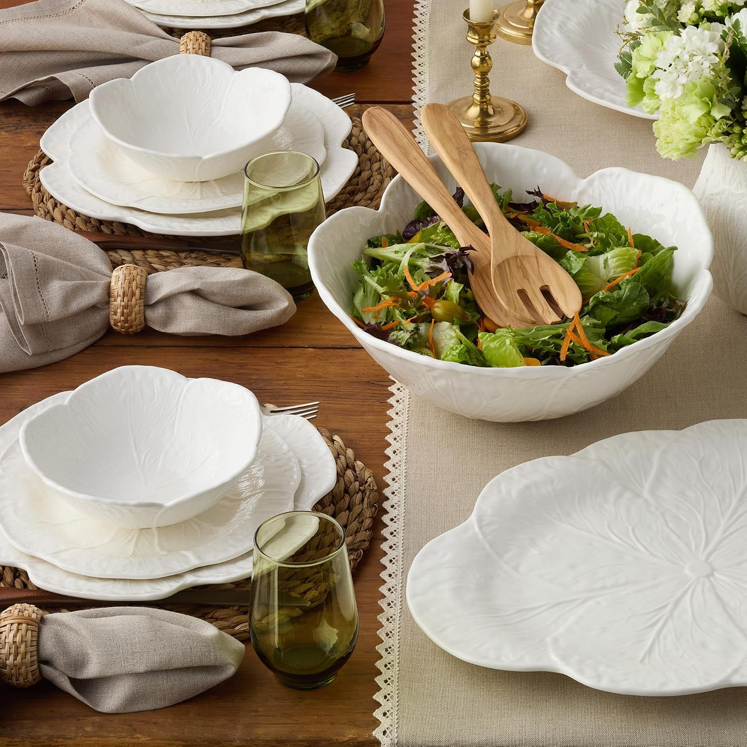 White Cabbage 3-D 11″DINNER PLATES, SETOF 4 – Sculpted Ivory Stoneware Leaf