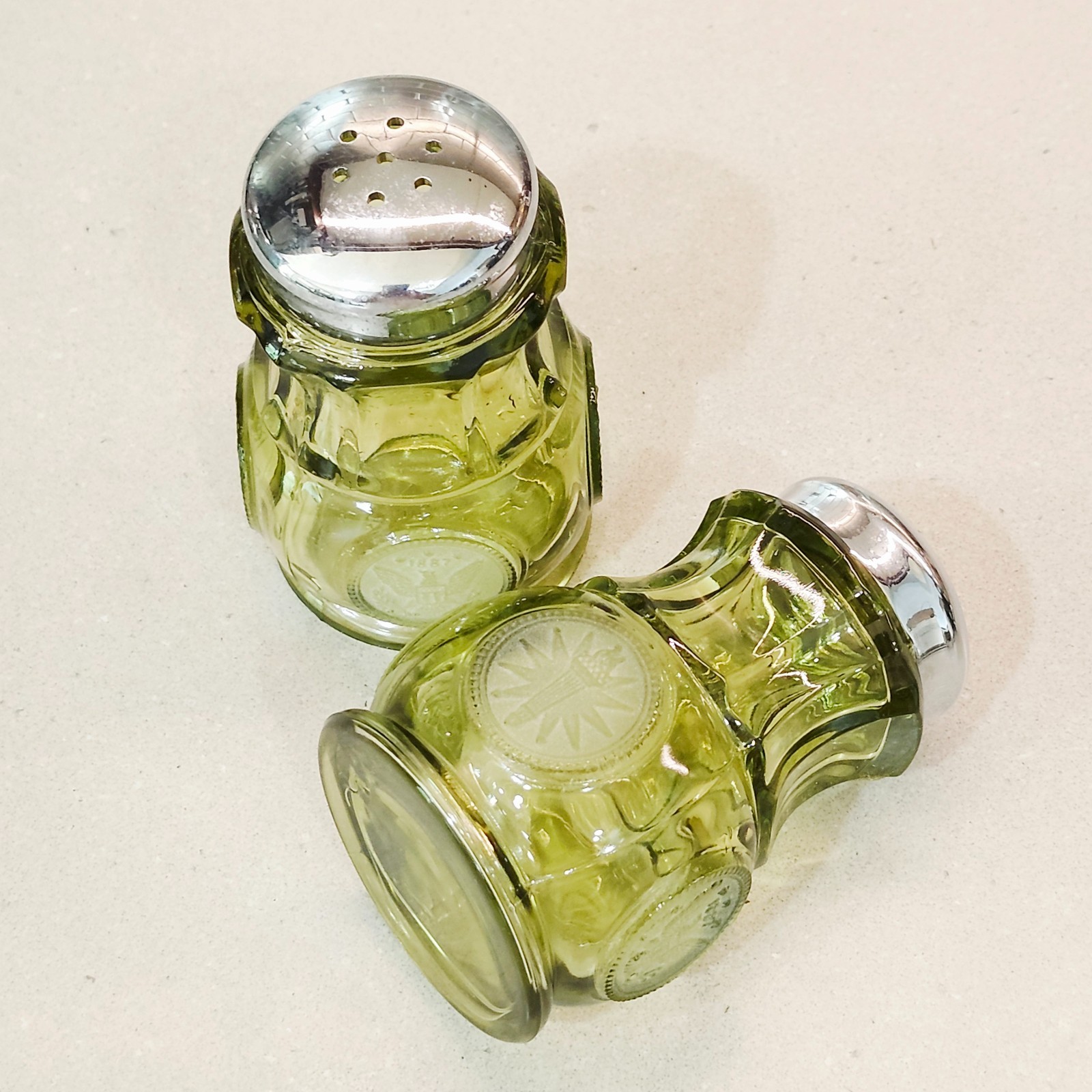 Vintage Fostoria Olive Green Glass Coin 3” Tall Salt & Pepper Shakers