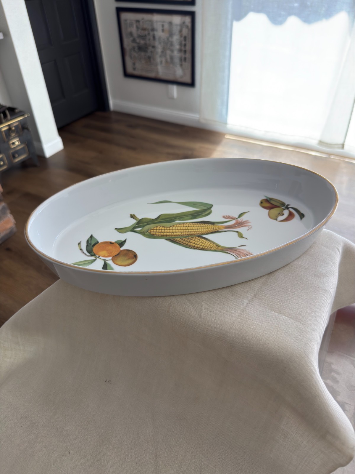 Royal Worcester Evesham Oval Platter – 14 Inch Porcelain Fruit Corn Gold Trim