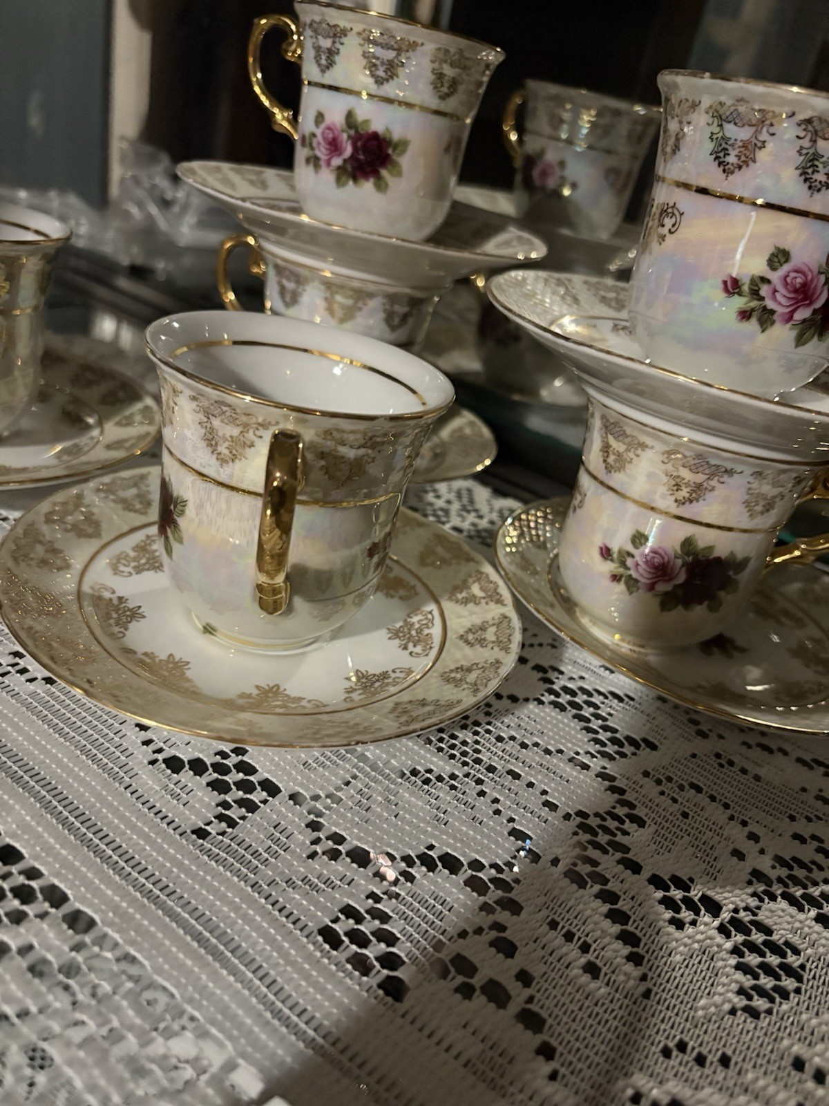 Yasui Porcelain 24KT Gold Plated Floral Cup & Saucer Set White Pink Green