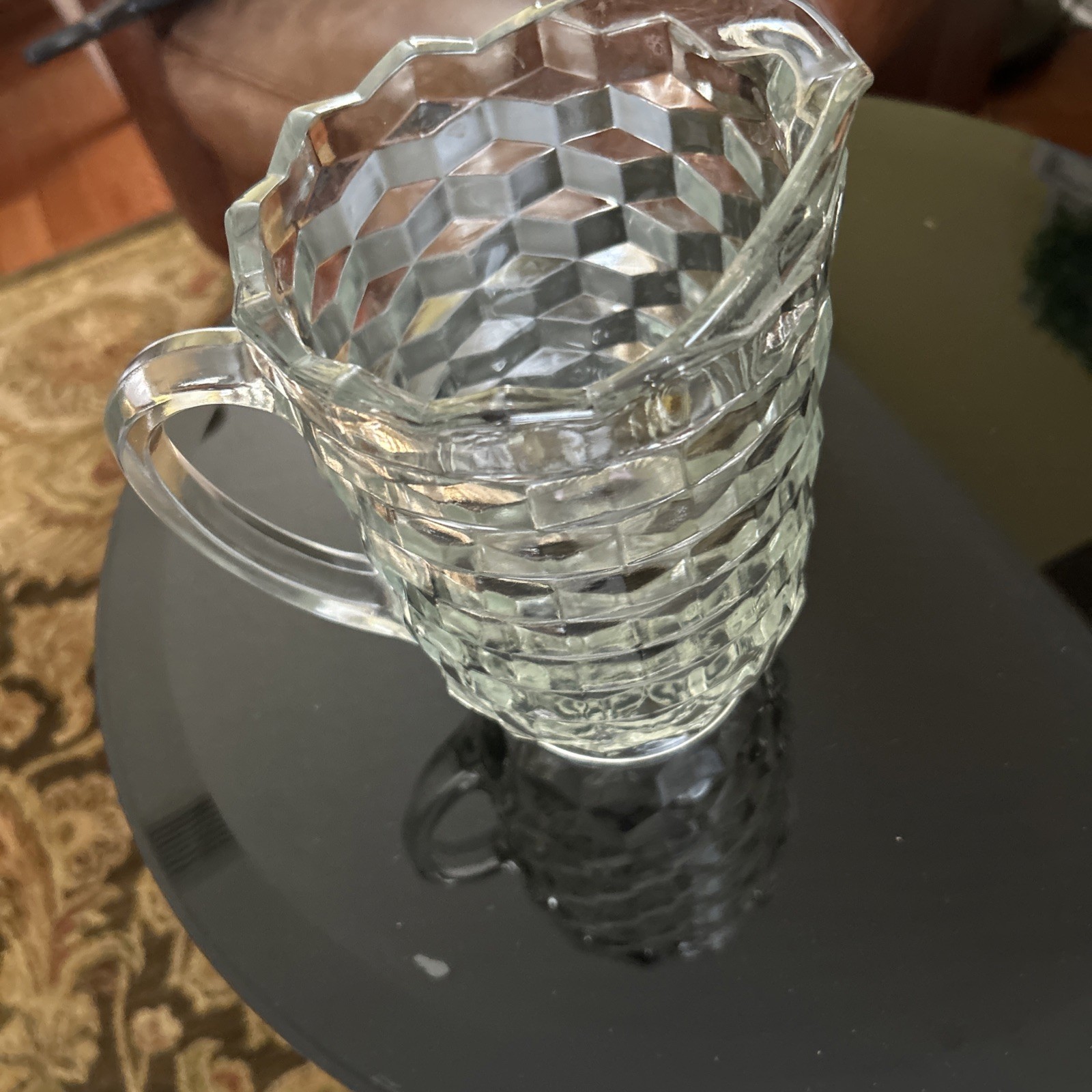 VTG FOSTORIA AMERICAN CLEAR WATER PITCHER WITH ICE LIP 8.75″ TALL EXCELLENT