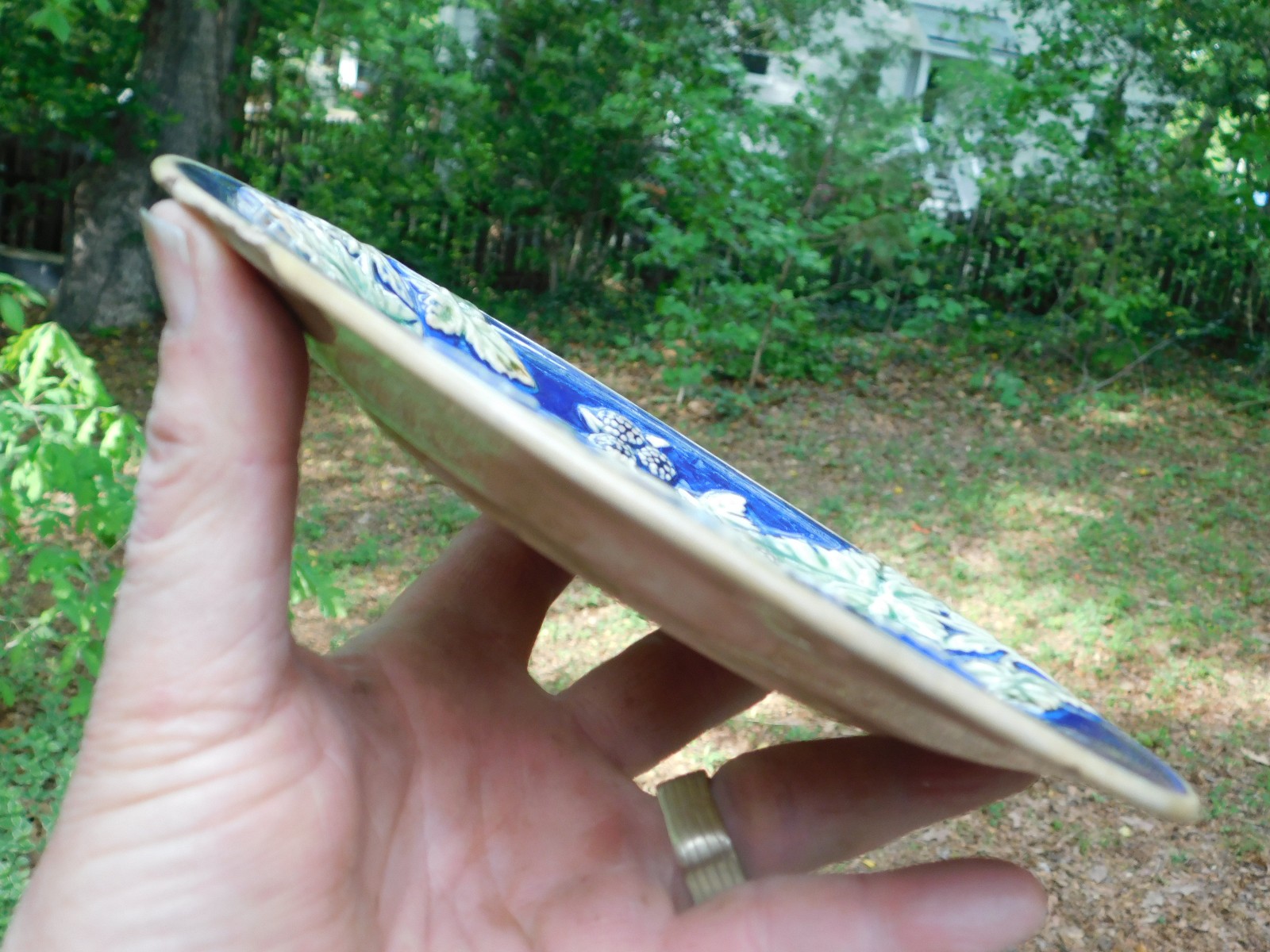 7.75″ Antique Majolica Plate Leaves Cobalt Blue Green Raspberry Leaves