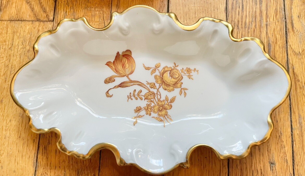 2 Limoges France Porcelain Tray Gold Trim Rose Floral Candy Nut Tidbit Dish Lot