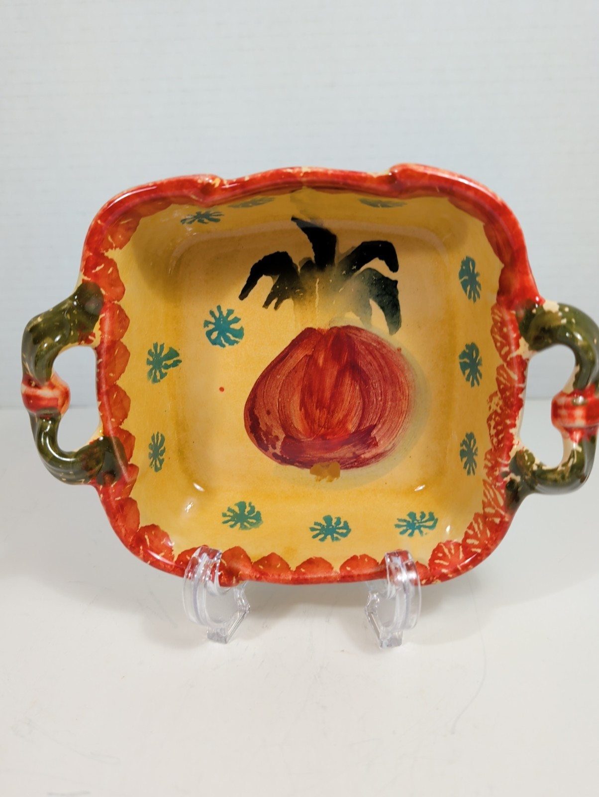 Italian Hand-Painted Vegetable Motif Two-Handled Ceramic Bowl Appx 5 In+7in Oven