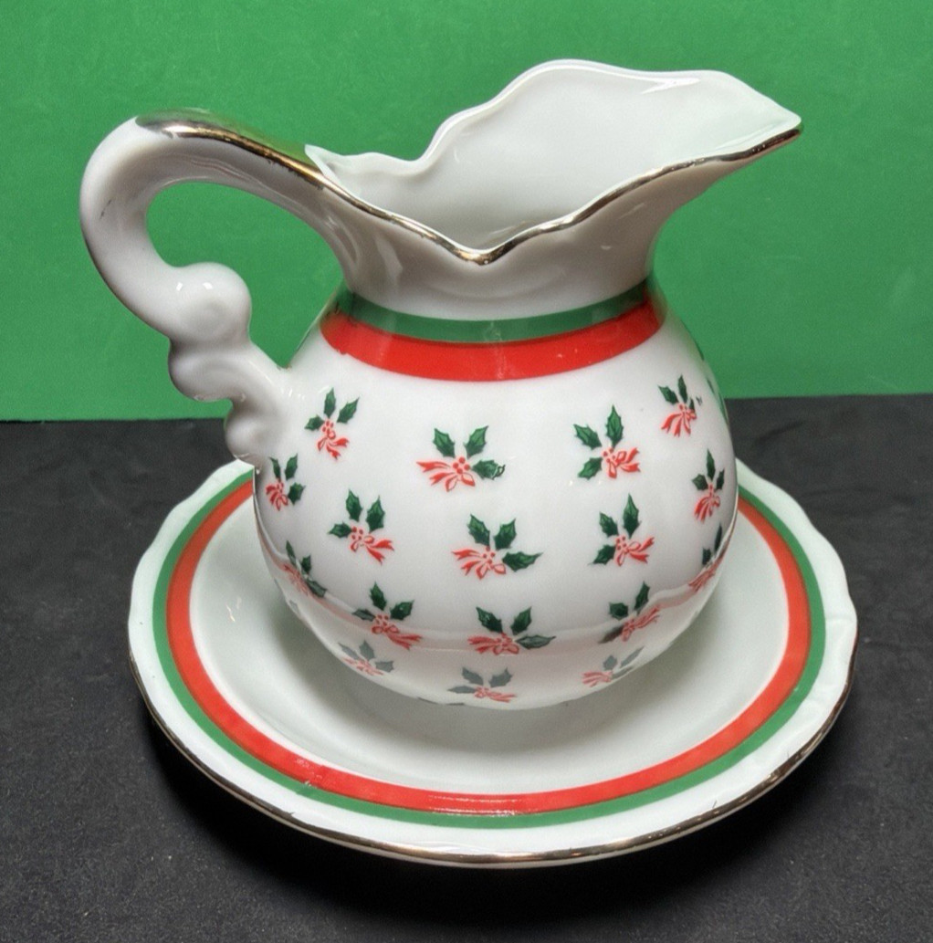 3 Vtg LEFTON Holly & Poinsettia Mini Pitcher Creamer and Basket Christmas Flower