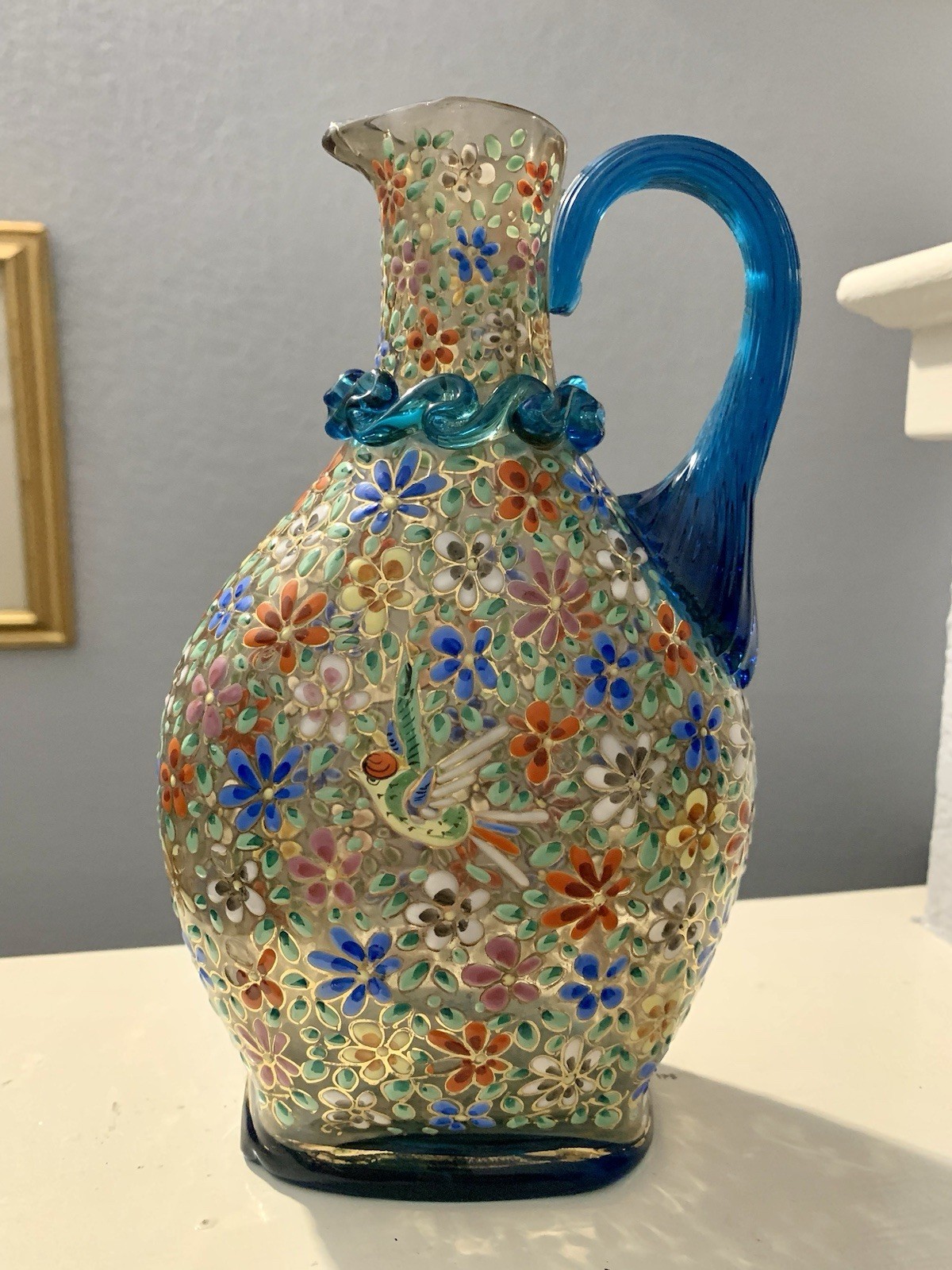 Vintage Rare Moser Hand Painted Multicolor Floral Art Glass Pitcher with Handle