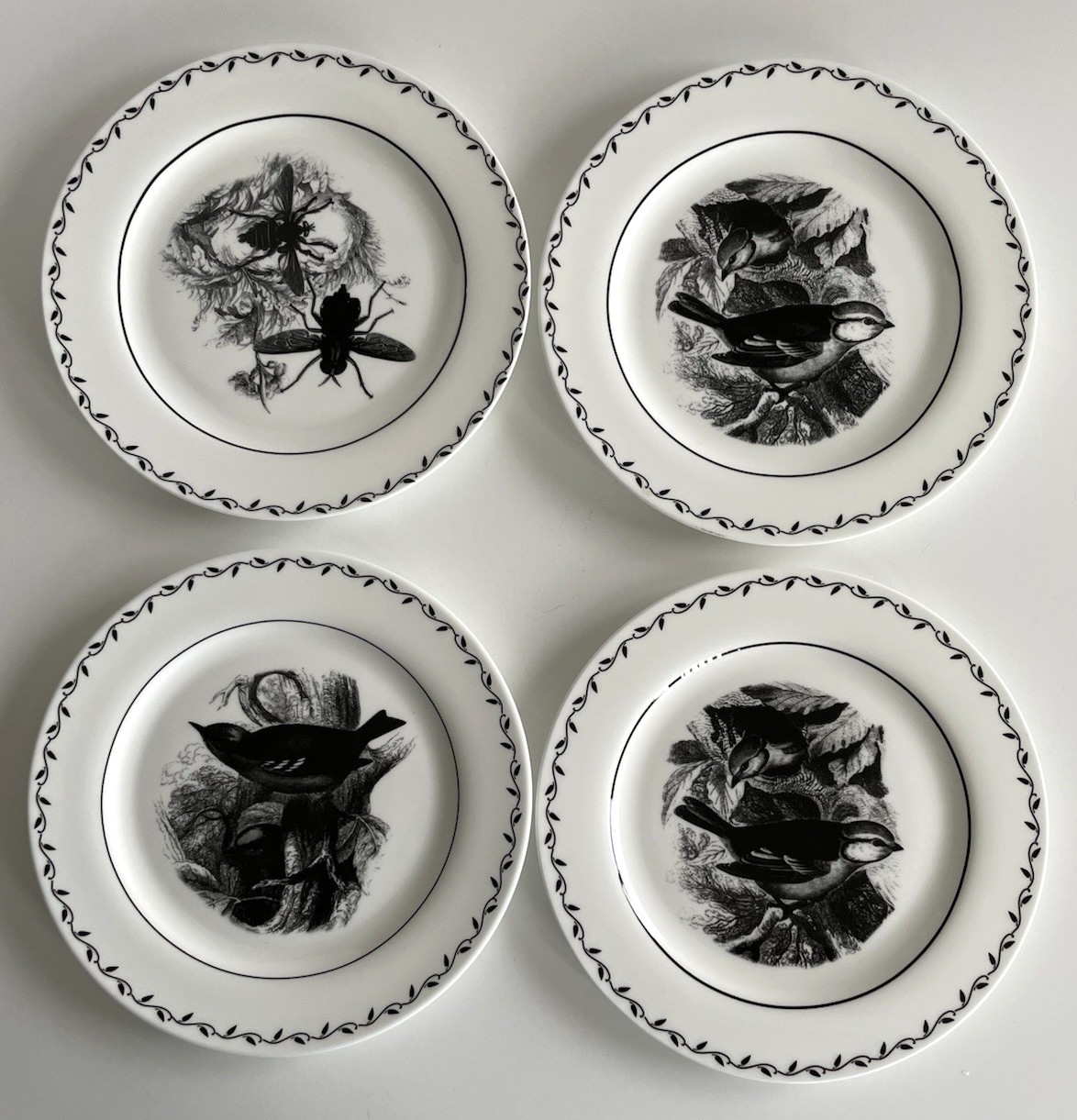 Mary Carol Lot of 4 Birds And Bees Black And White China Dessert Plates 7 7/8″