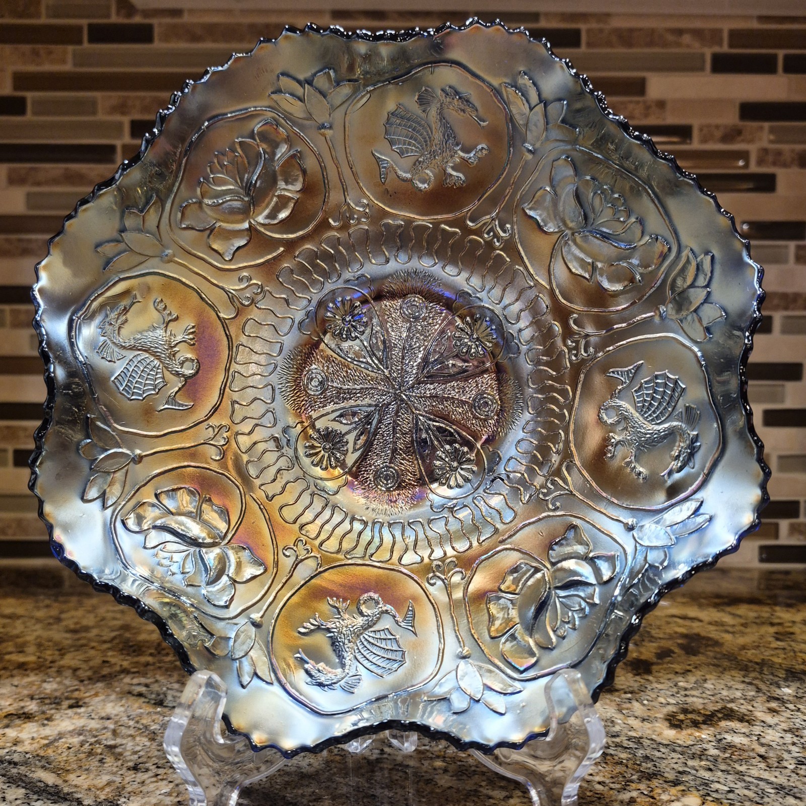 Antique Fenton Dragon/Lotus Bowl Cobalt Blue Metallic Finish 9in Across 2.5in…