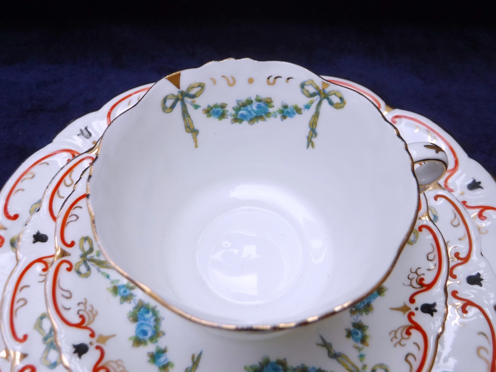 Collingwood Turquoise Ribbons, Bows & Swags of Roses Edwardian Tea Trio with