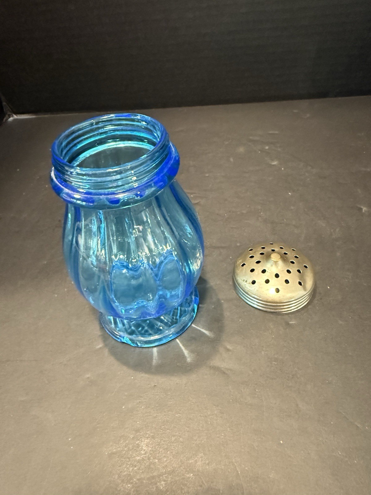 Antique Blue Rope and Rib Sugar Shaker 5.5” Tall Victorian 1890s Small Chip Pics