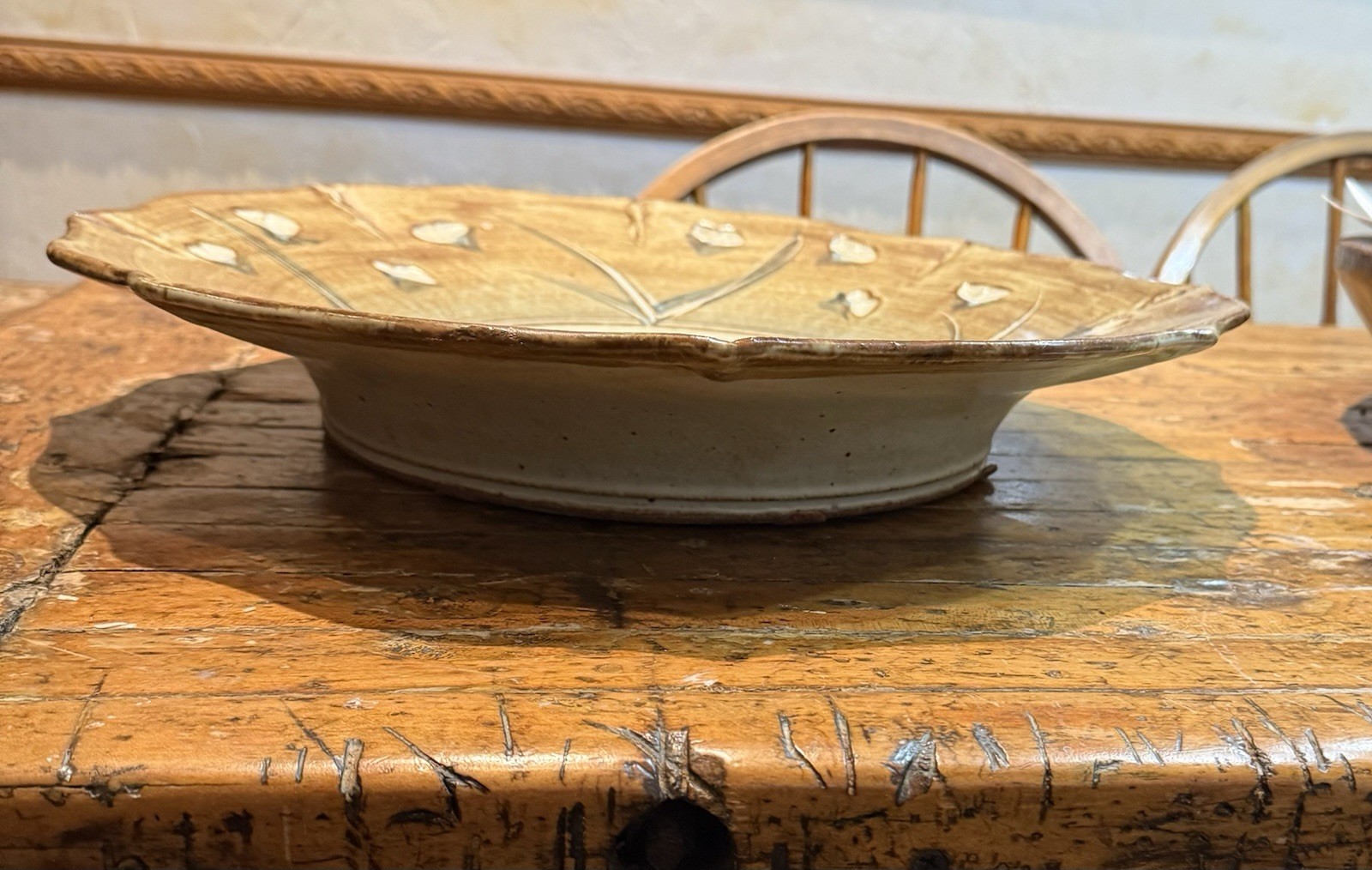 RARE 17″ Vtg NICOL Signed green, white Stoneware STUDIO ART Pottery Bowl Platter