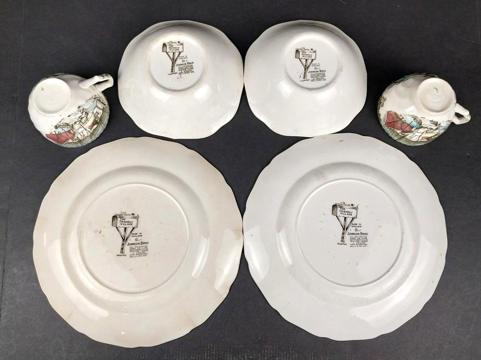 Vtg Johnson Brothers 6-Pc School House and Covered Bridge Teacups Plates & Bowls