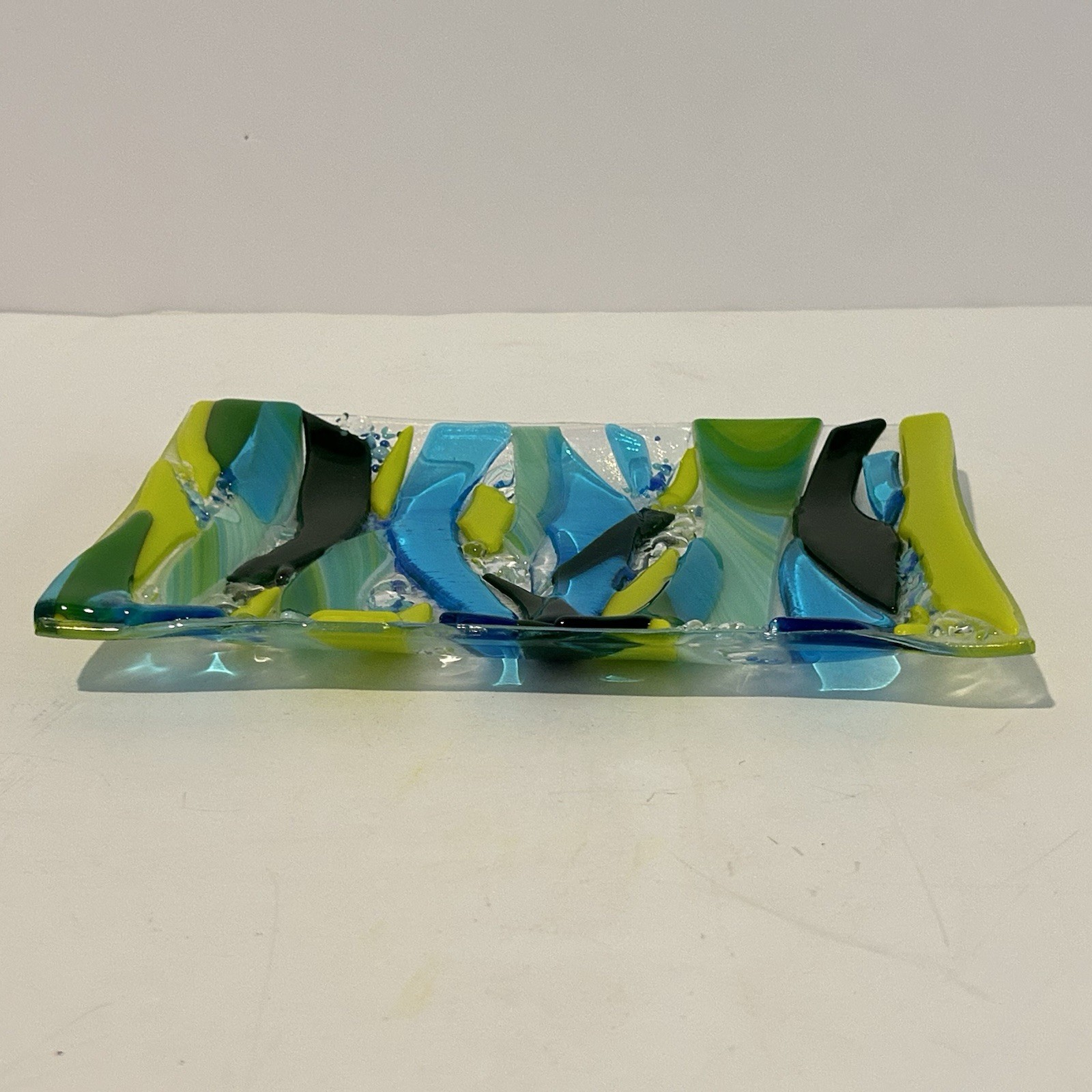 Blue Green Yellow Fused Art Glass Trinket Tray Dish Plate Waves Home Decor