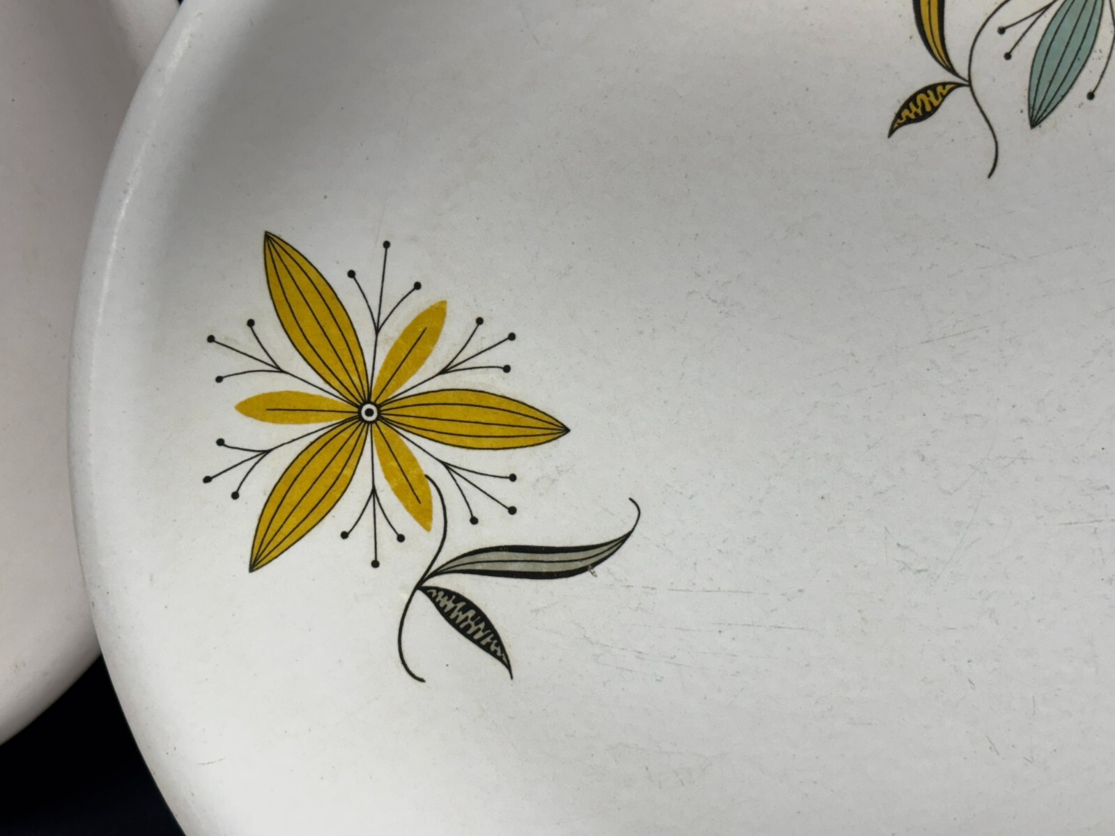 Set of 6 ~ W. S. George “ATOMIC FLOWERS” Dinner Plates ~ 10 3/8″
