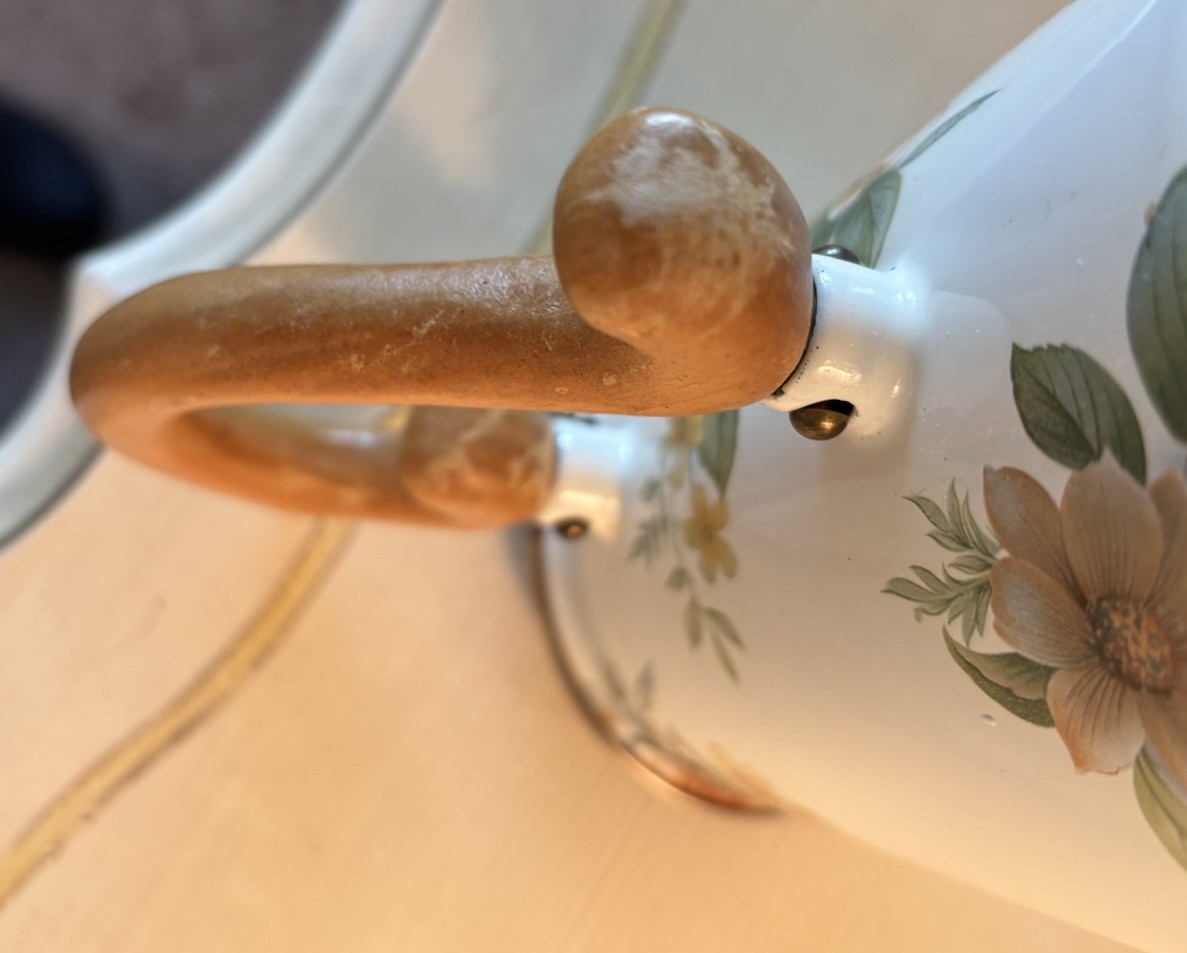 MacKenzie Childs VTG Camp Beige Floral Teapot Enamel Wood Handle