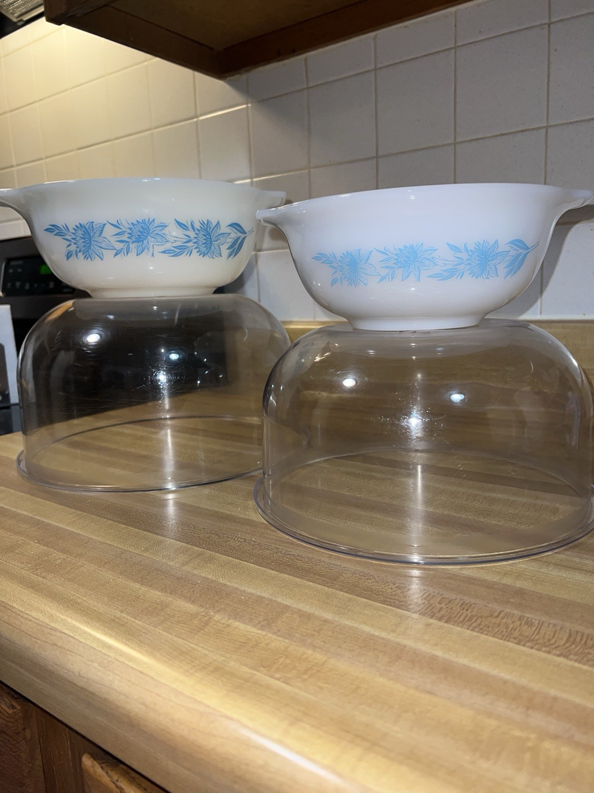 Vintage Glasbake Milk Glass Blue Thistle Flower Bowl Set Of 2 EUC 8.5 And 9”