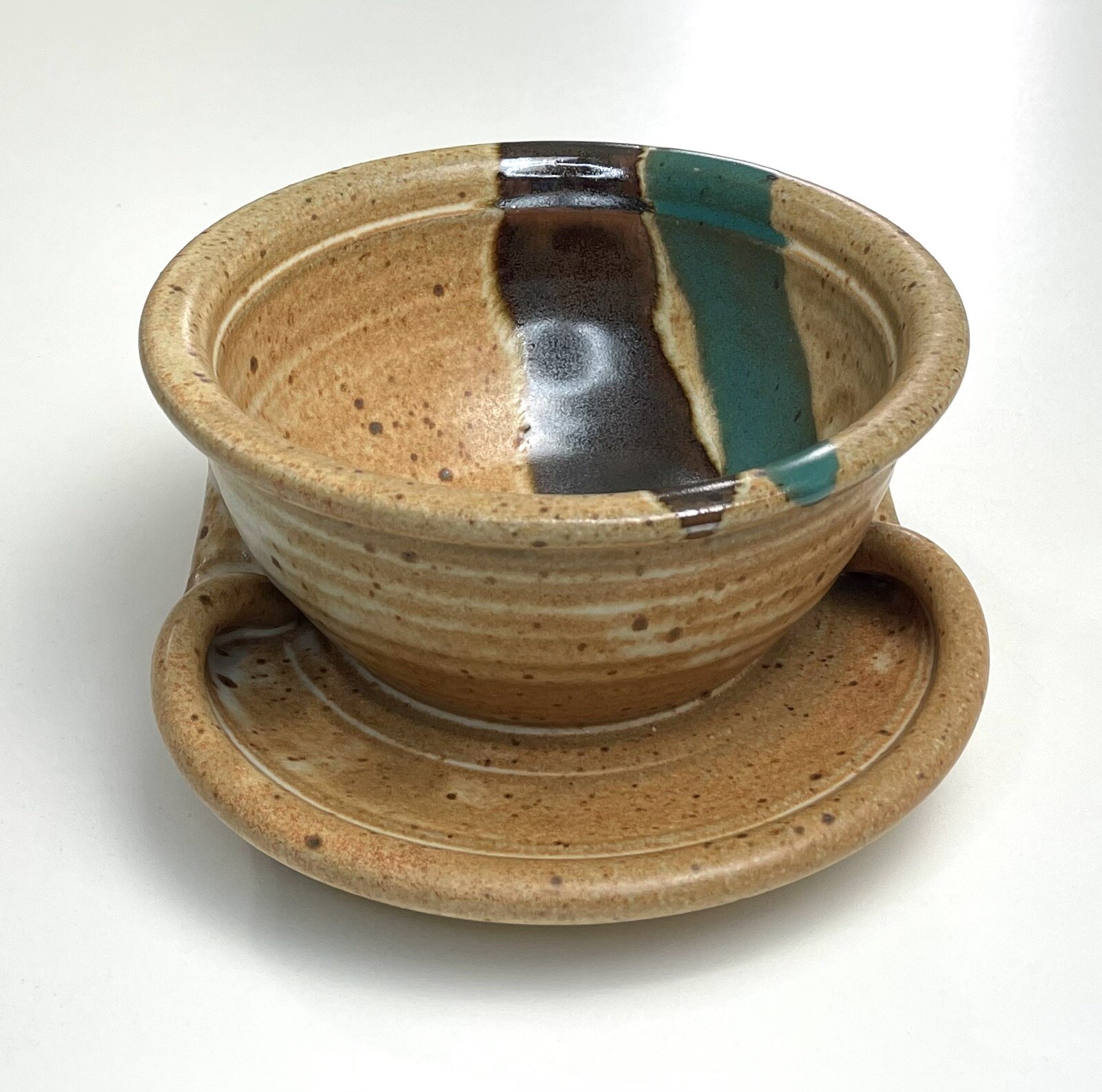 Vintage Drip Glaze Pottery Bowl with Attached Plate Signed