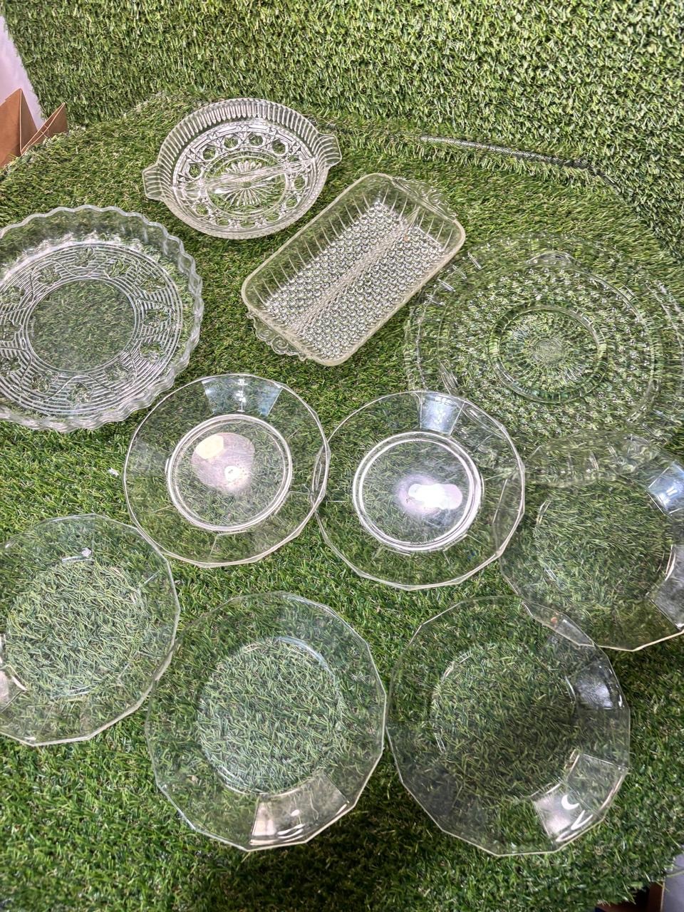 Vintage Clear Glass Serving Lot 10 Pc Plates Relish Tray Pie Plate Bubble USA