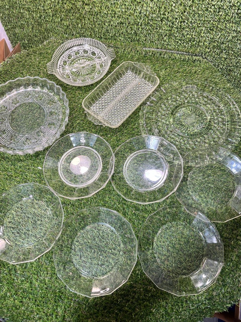Vintage Clear Glass Serving Lot 10 Pc Plates Relish Tray Pie Plate Bubble USA
