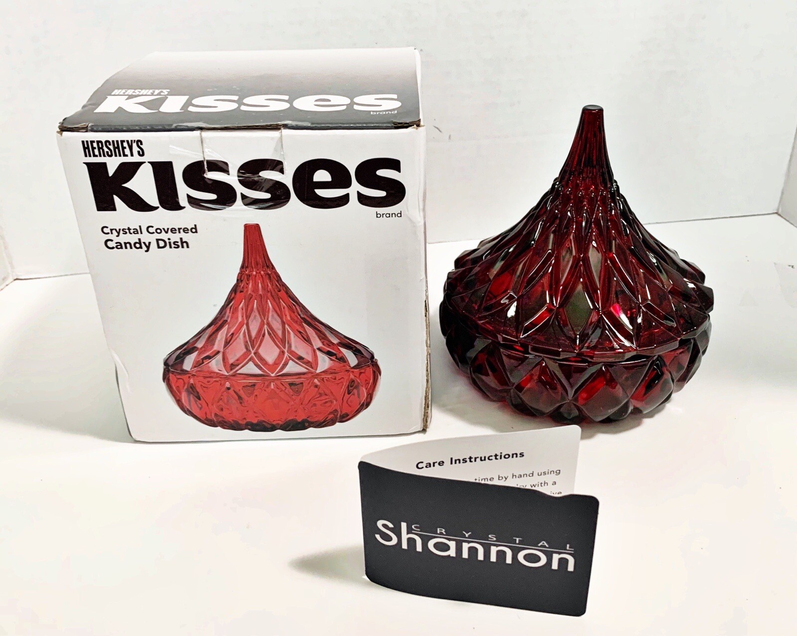 Hersheys KISS Shape Candy Dish Shannon Crystal Ruby Red Trinket W/ Lid Box