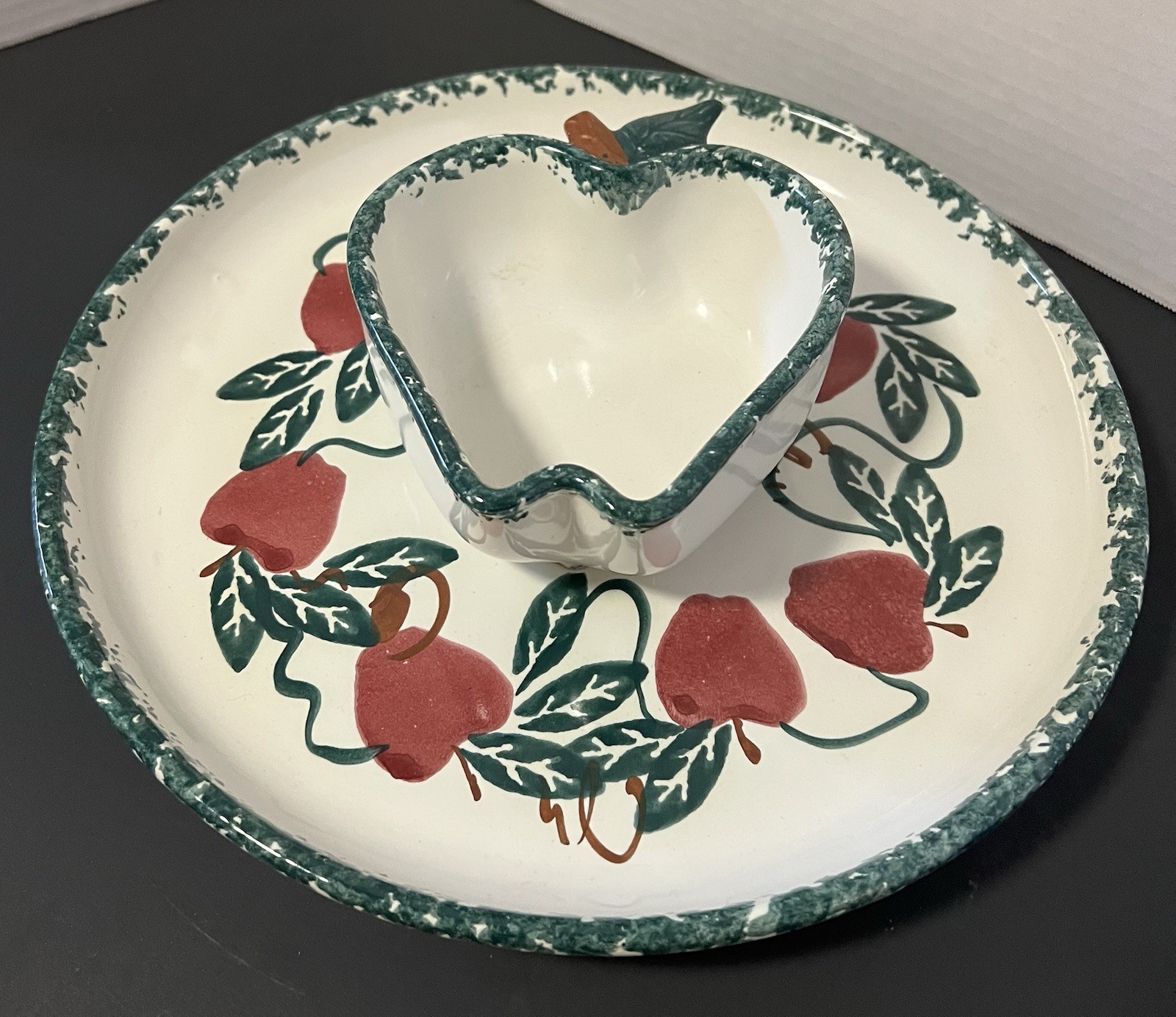 Apples & Ivy Serving Platter 2 Section Attached Spongeware 11” Chaparral Pottery