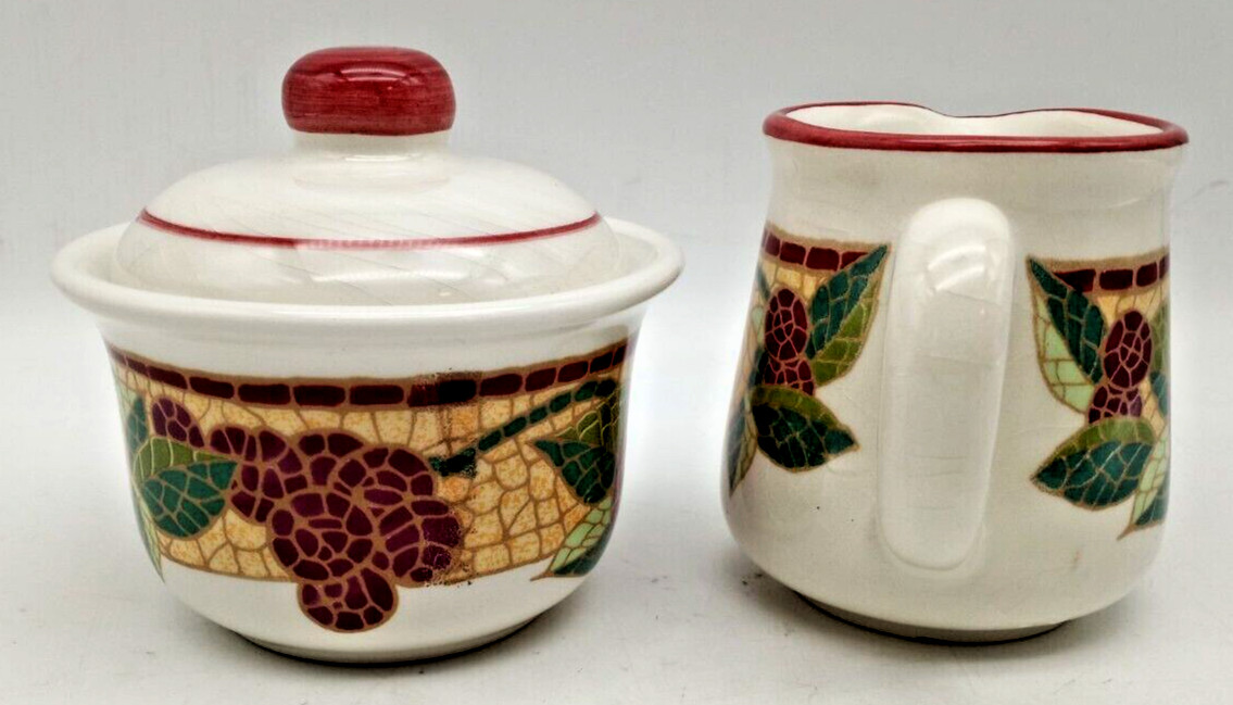 Pier 1 Set Creamer & Sugar w/Lid Mosaic Fruit Pattern Ceramic Earthenware-Italy