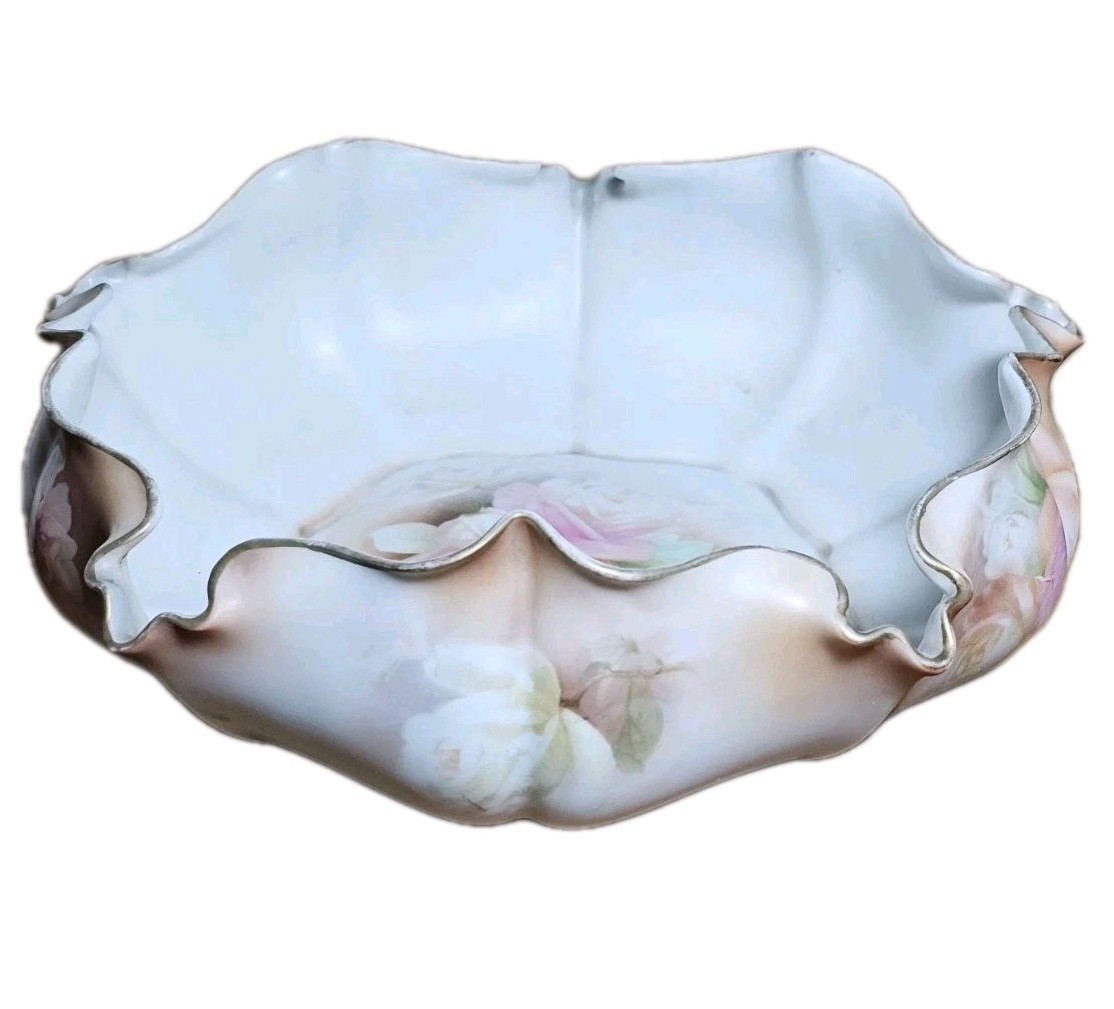 Antique RS Prussia Pink Rose 9″ Blown Out Bowl Exterior Painted Floral Gold