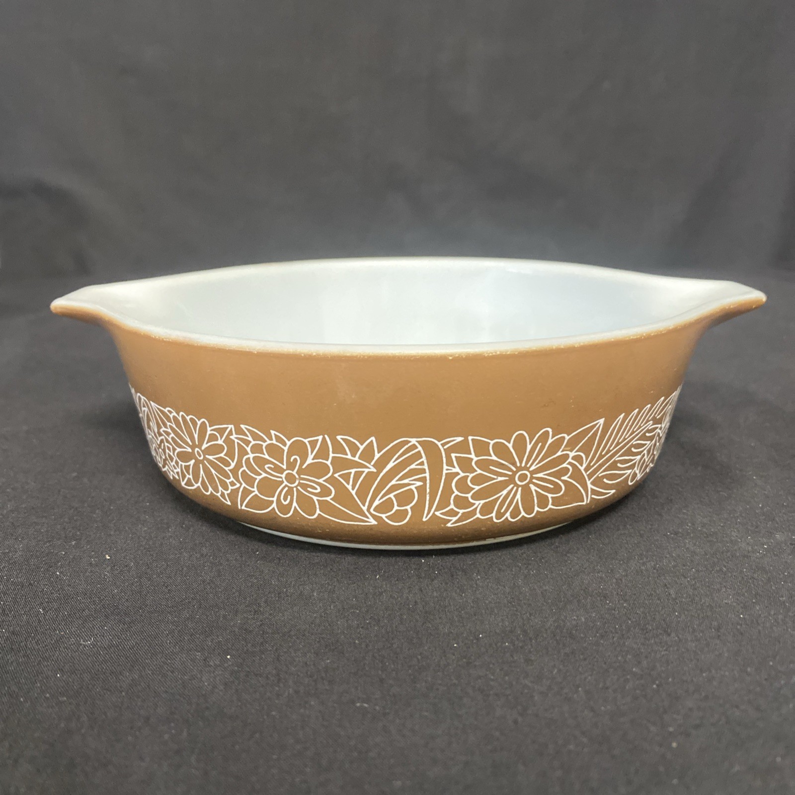 2 Vtg Pyrex Woodland 6” Casserole Dishes W/ Lid-Brown & Tan 2.5”/2”(472-B/471-B)