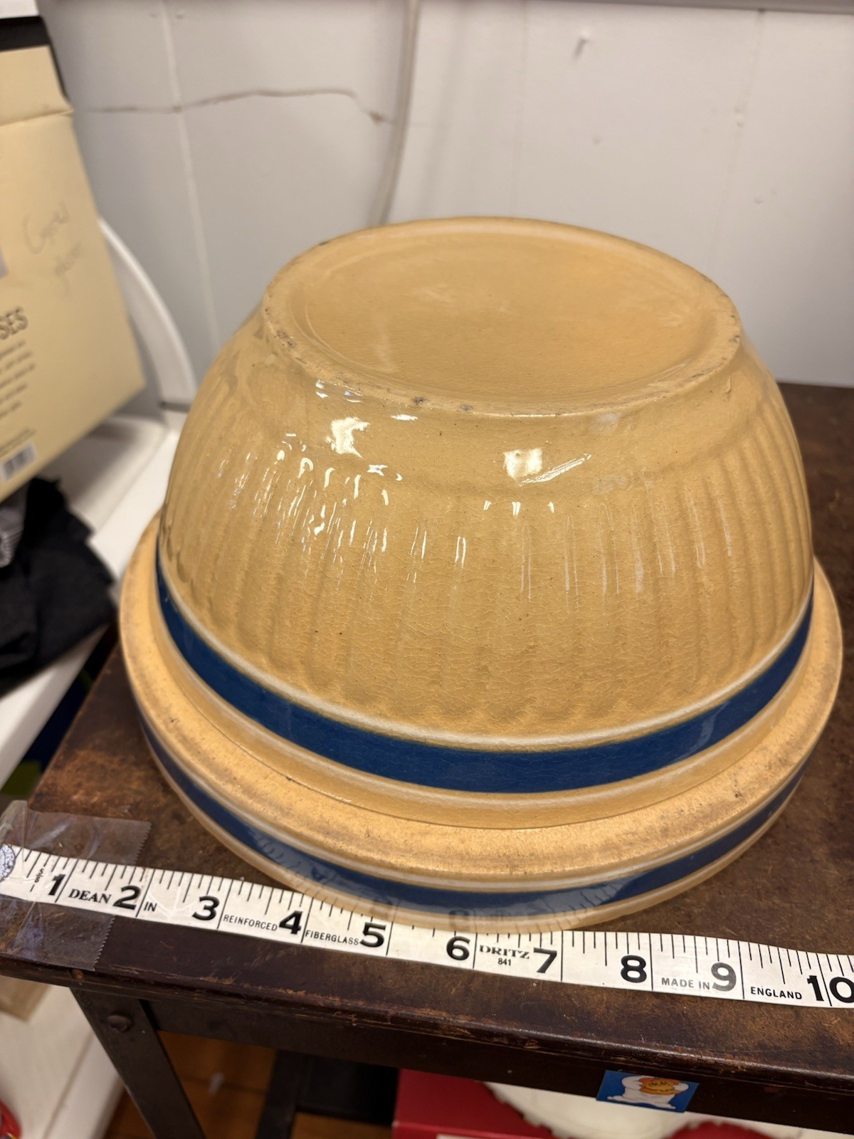 Beige & Blue Ceramic Band Pattern Round Glossy Bowl, Approx. 9 in Diameter