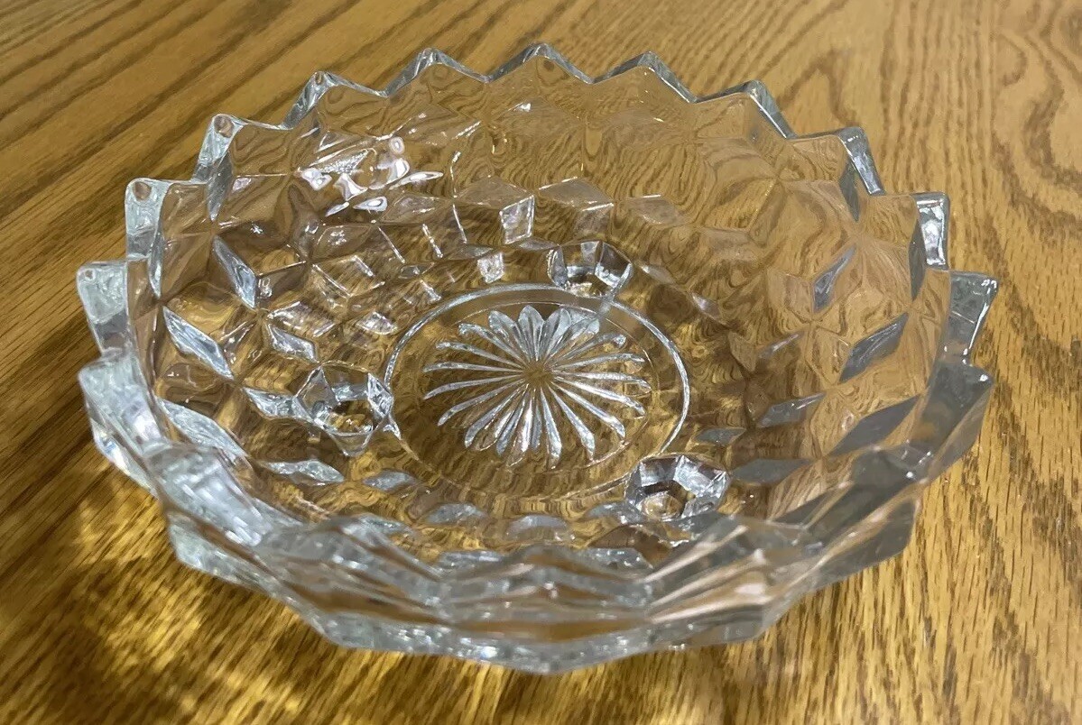 Vintage Footed Clear Glass EAPC Candy Dish Starburst Bottom Sawtooth Edge 6.5 in