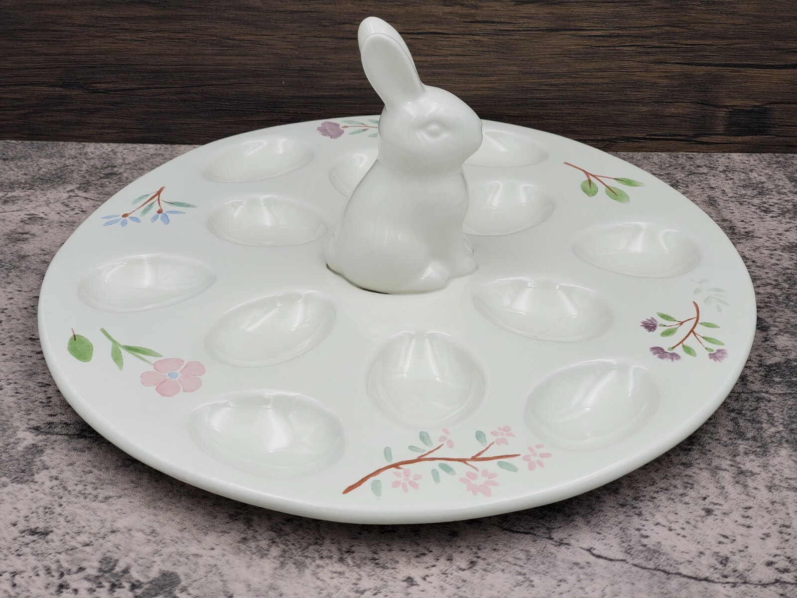 Holiday Home Simply Spring Ivory Rabbit Ceramic 13″ Devilled Egg Plate Floral