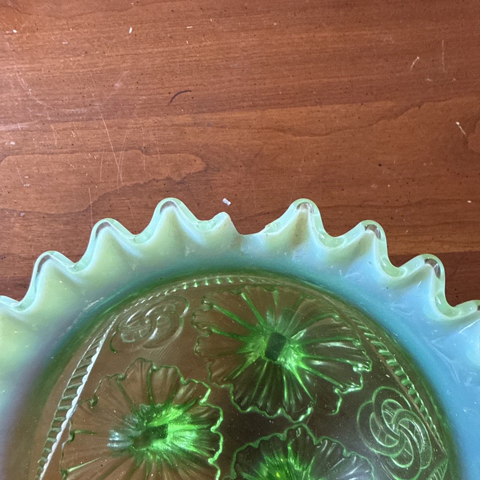 JEFFERSON #208 RUFFLES and RINGS green opalescent glass DEEP footed BOWL ~1905
