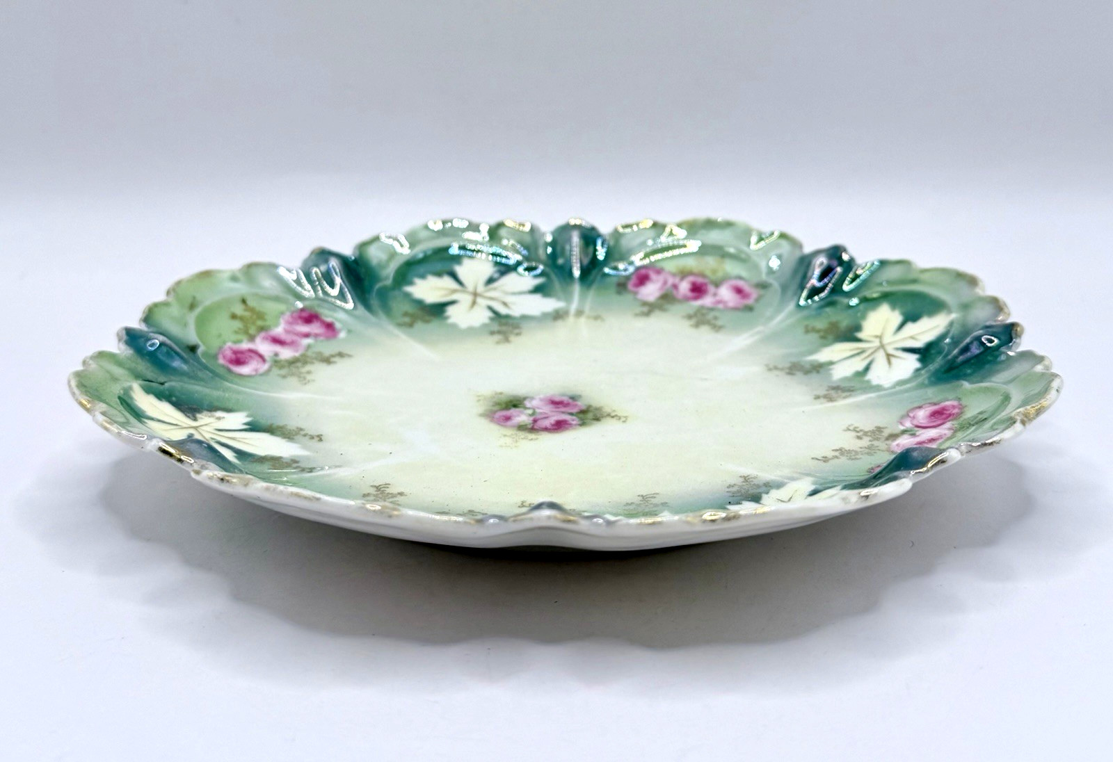 Antique RS Prussia Porcelain Plate Pink Roses Green Gold Molded Leaf 7.75″